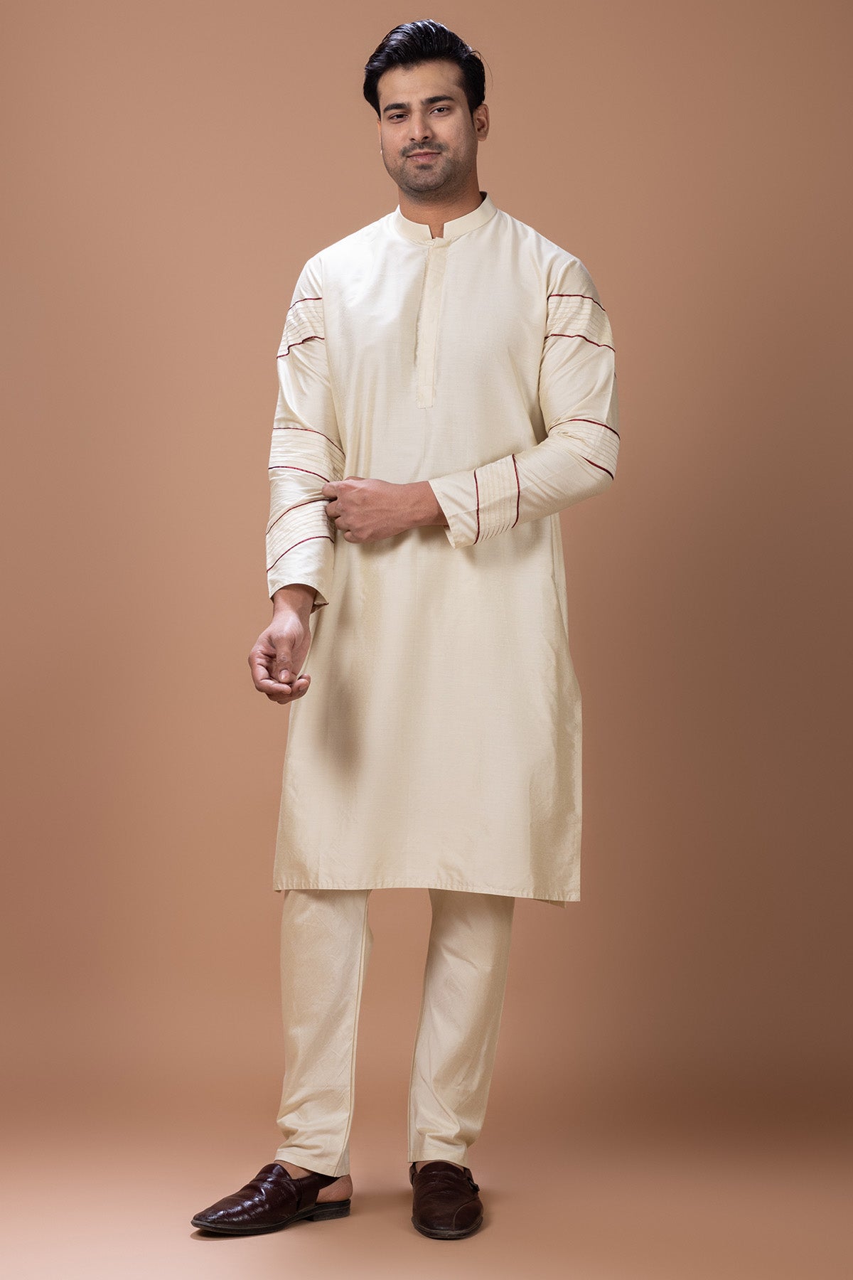 Beige Cotton Pleated Kurta Set