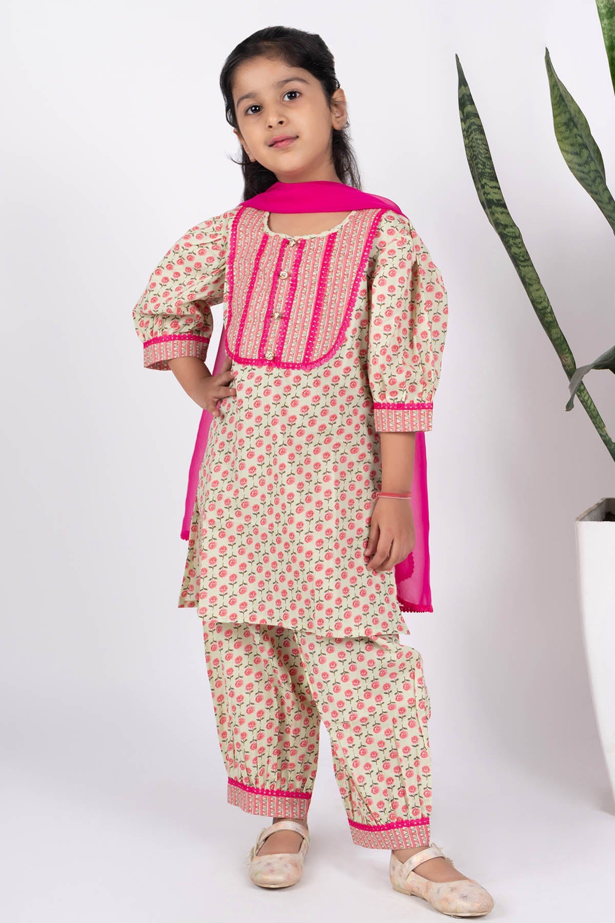 Buy Beige Cotton Print Kurta & Pants by ViYa for Girls online at ScrollnShops