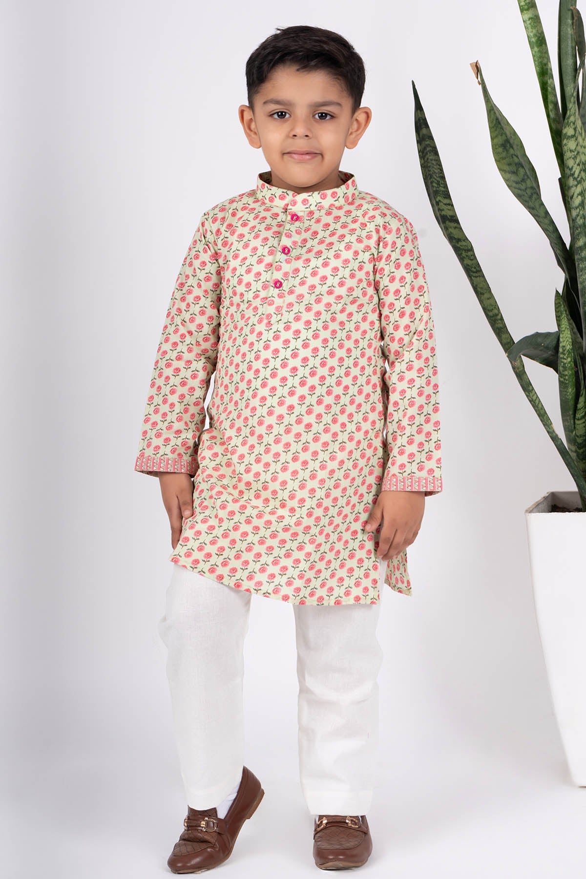 Buy Beige Cotton Print Kurta Set by ViYa for Boys online at ScrollnShops