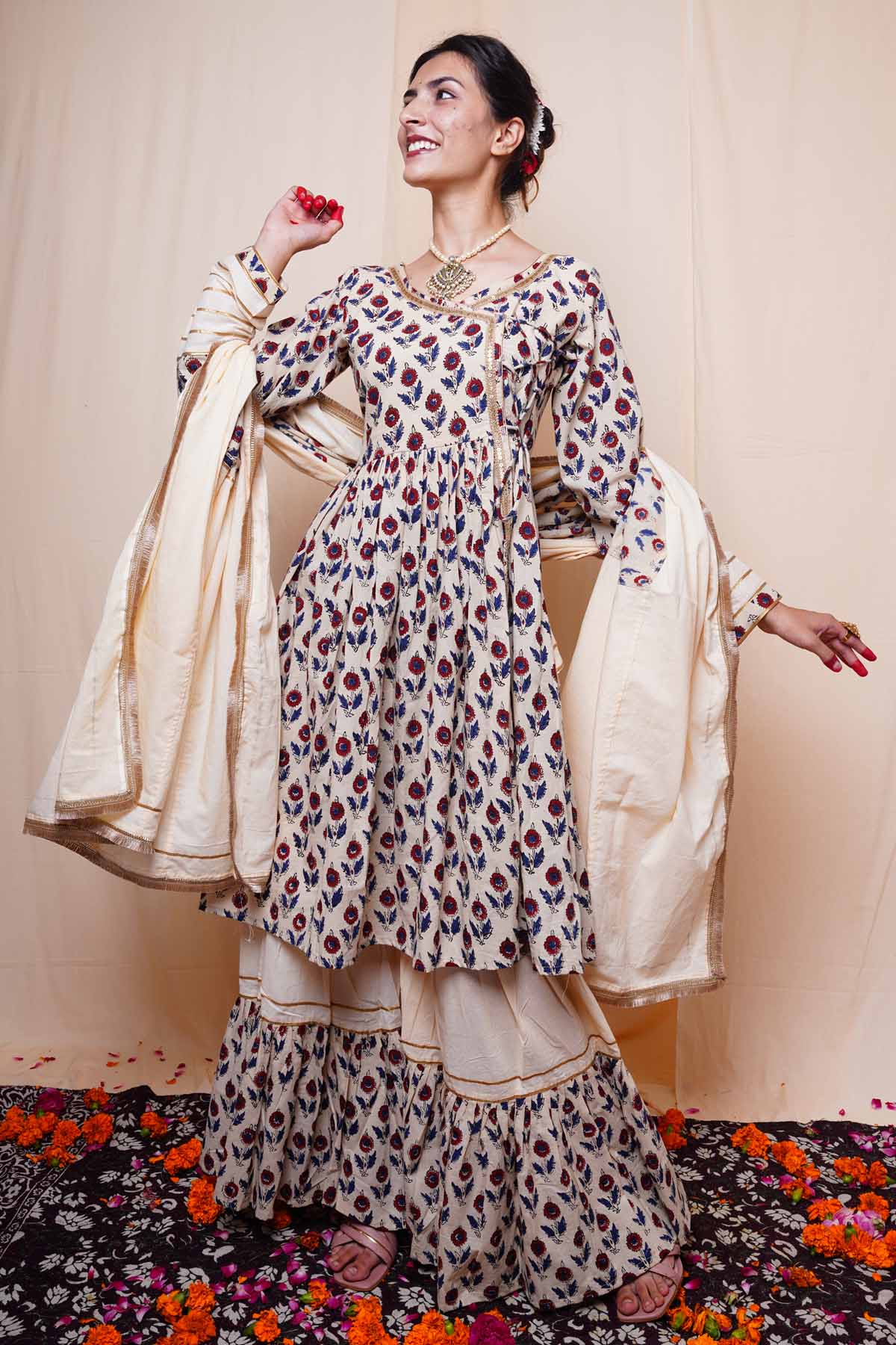 Buy Beige Cotton Print Sharara Set for Women Online