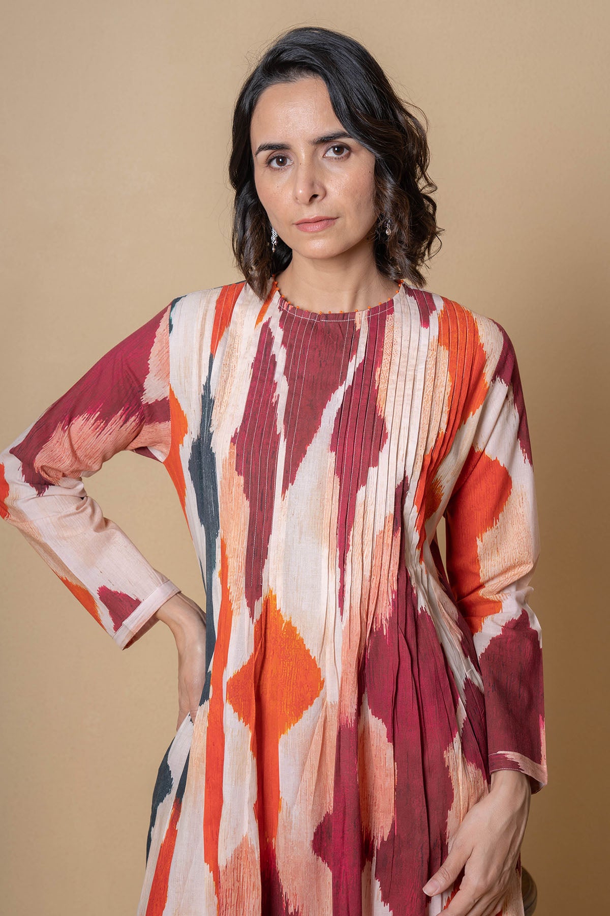 Cotton Print Beige Kurta Set