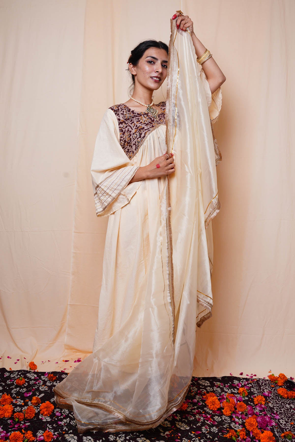 Beige Cotton Printed Kurta Set