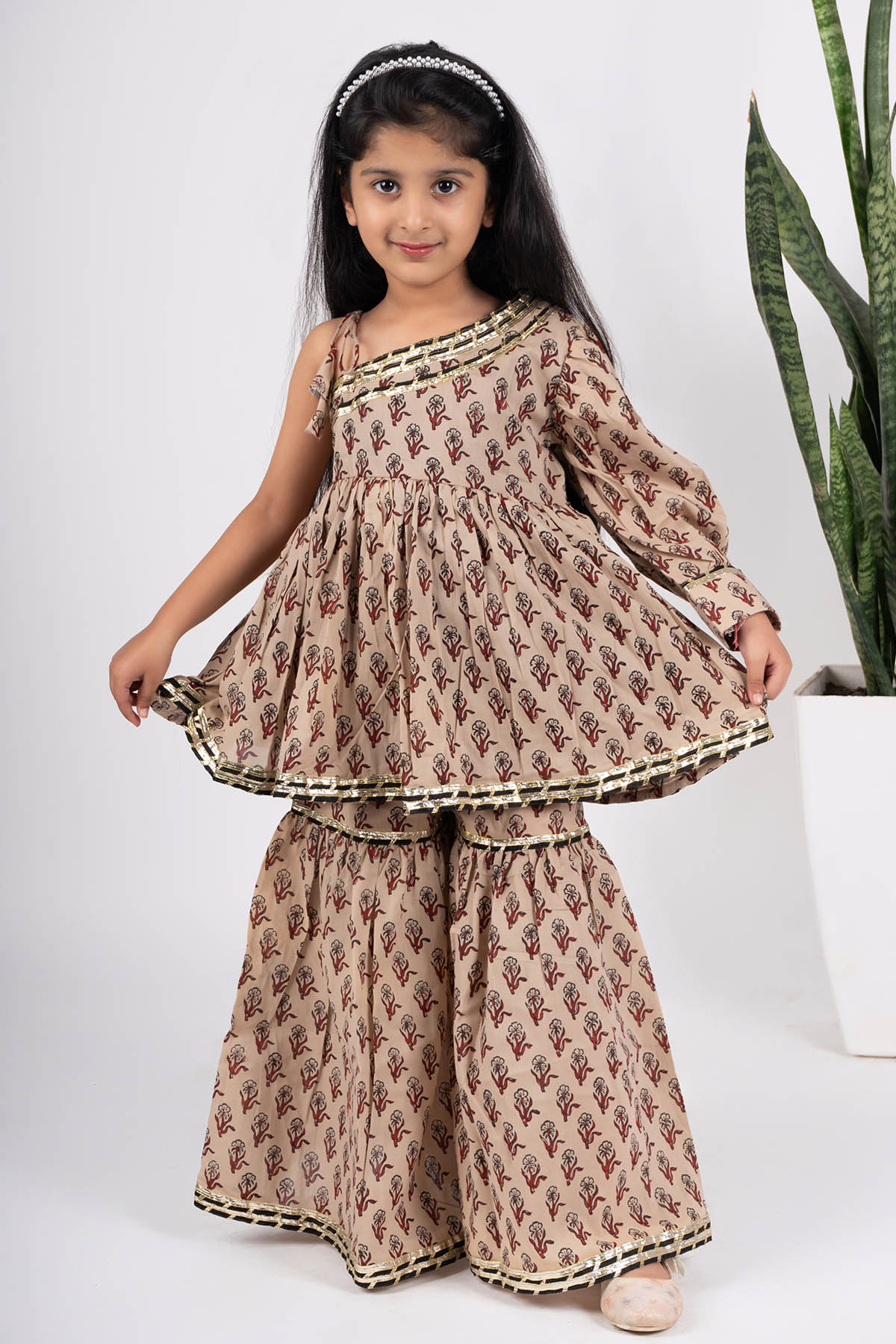 Buy Beige Cotton Printed Sharara Set by ViYa for Girls online at ScrollnShops