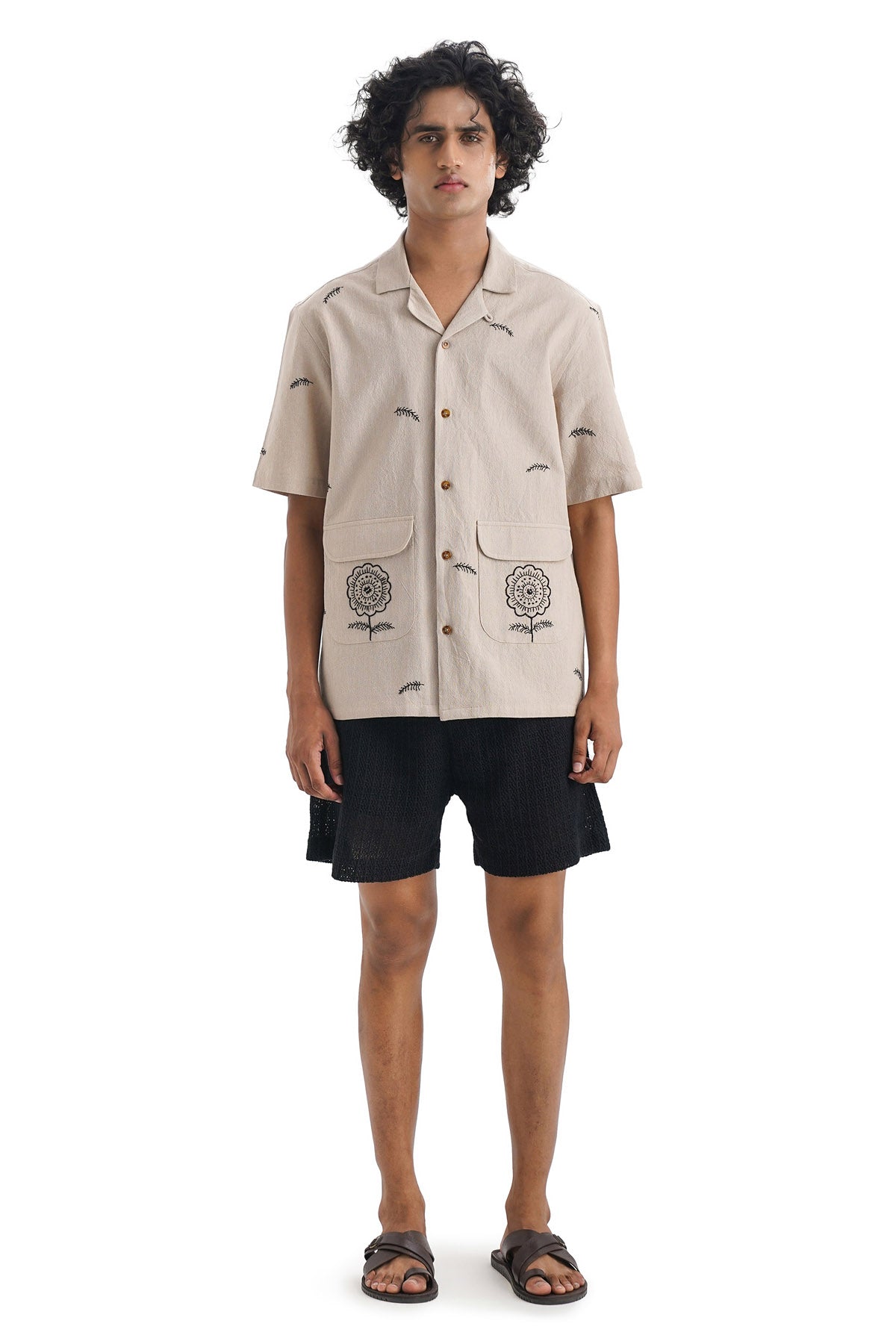 Beige Cotton Short Sleeves Shirt