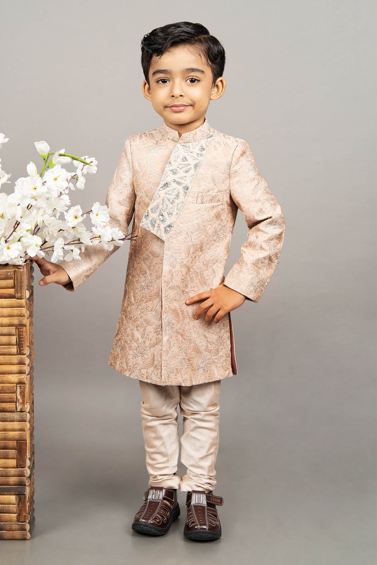 Buy Beige Cotton Silk Sherwani Set by Little Brats for Boys online at ScrollnShops