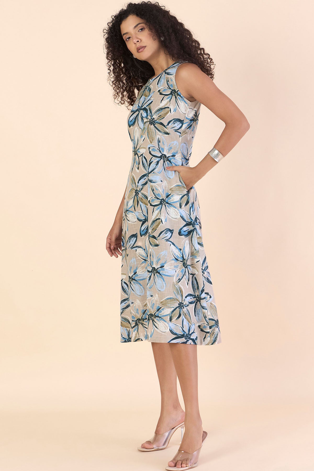 Beige Cotton Sleeveless Dress