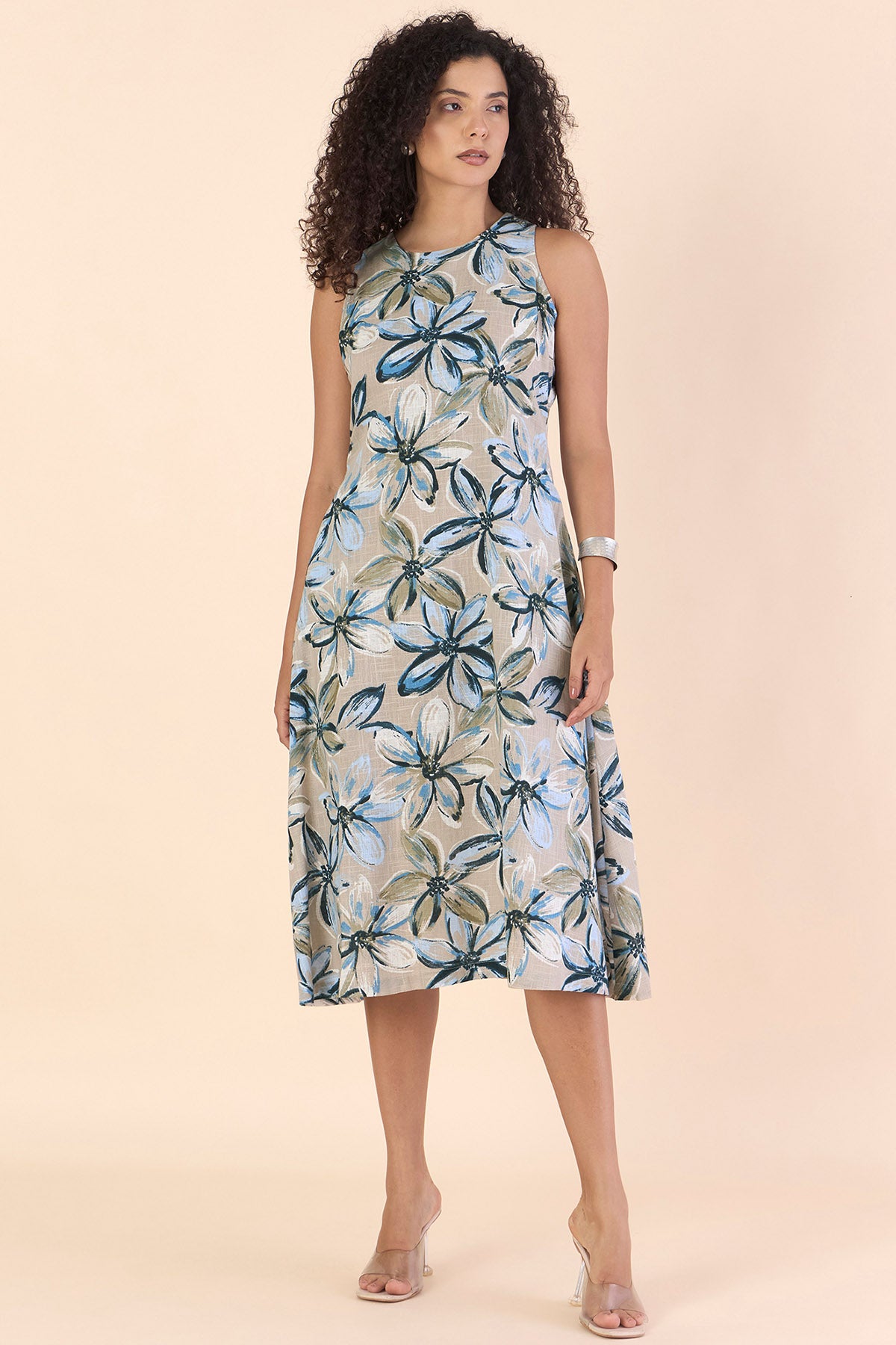 Beige Cotton Sleeveless Dress