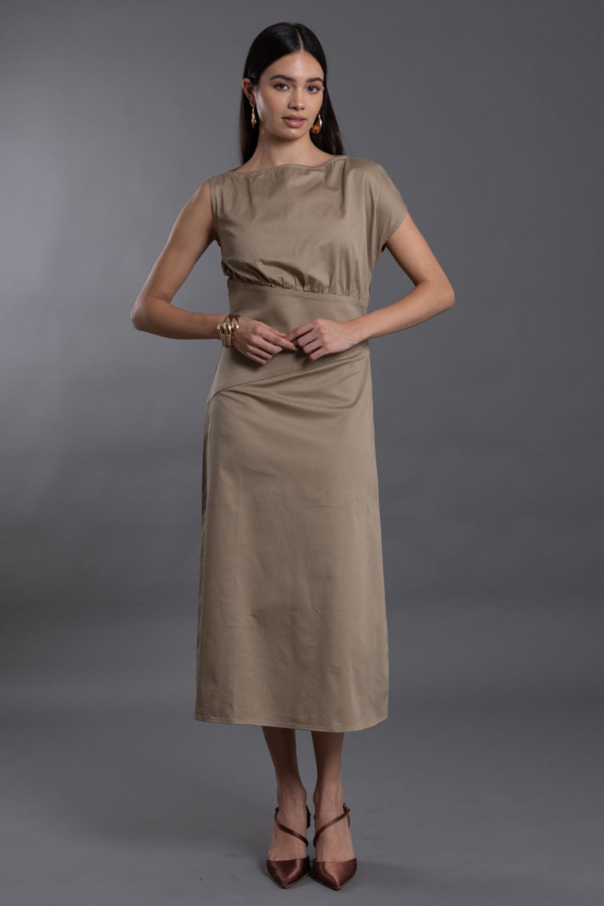 Vanten Beige Cotton Twill Midi Dress for women online at ScrollnShops