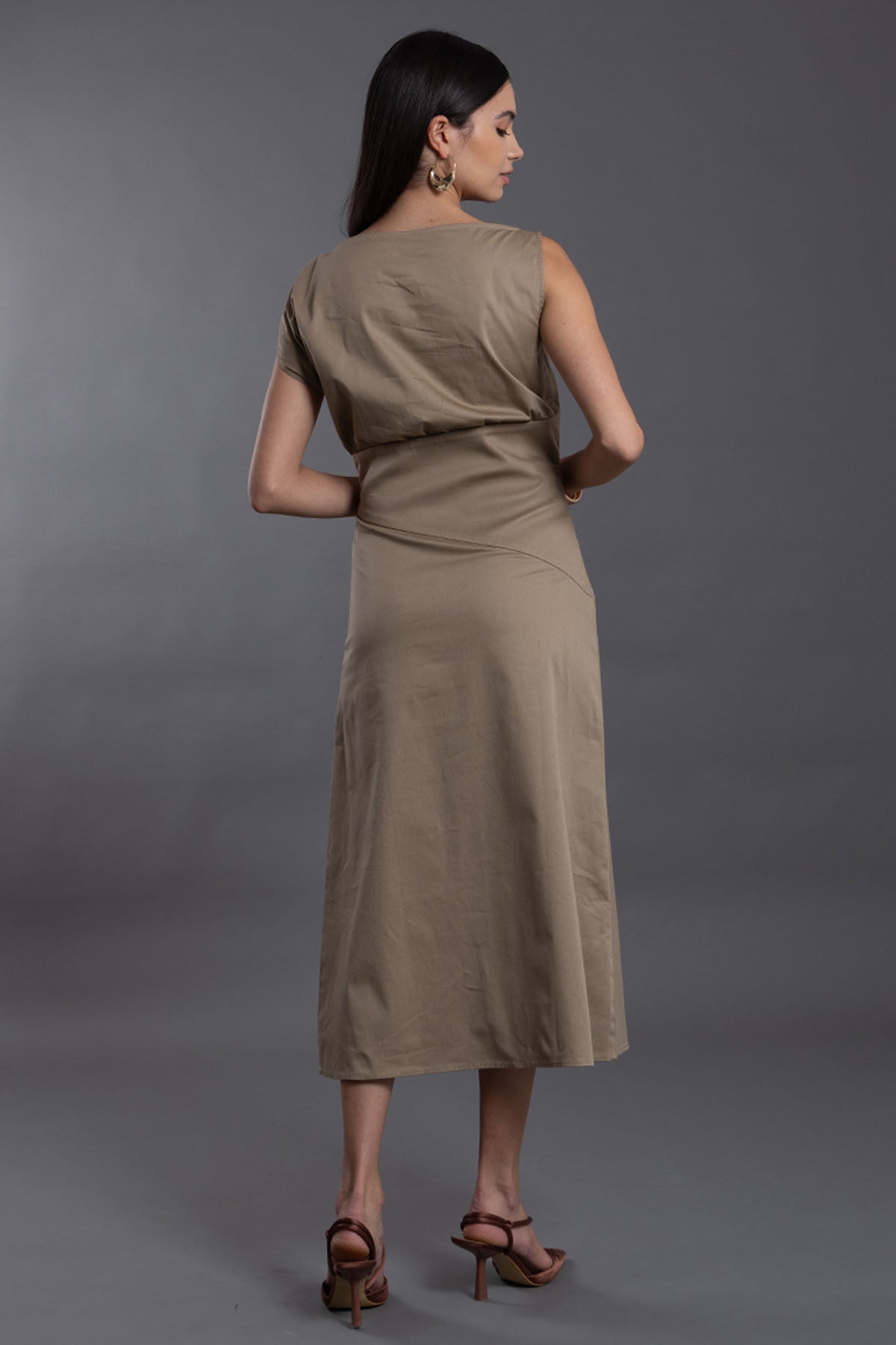 Beige Cotton Twill Midi Dress