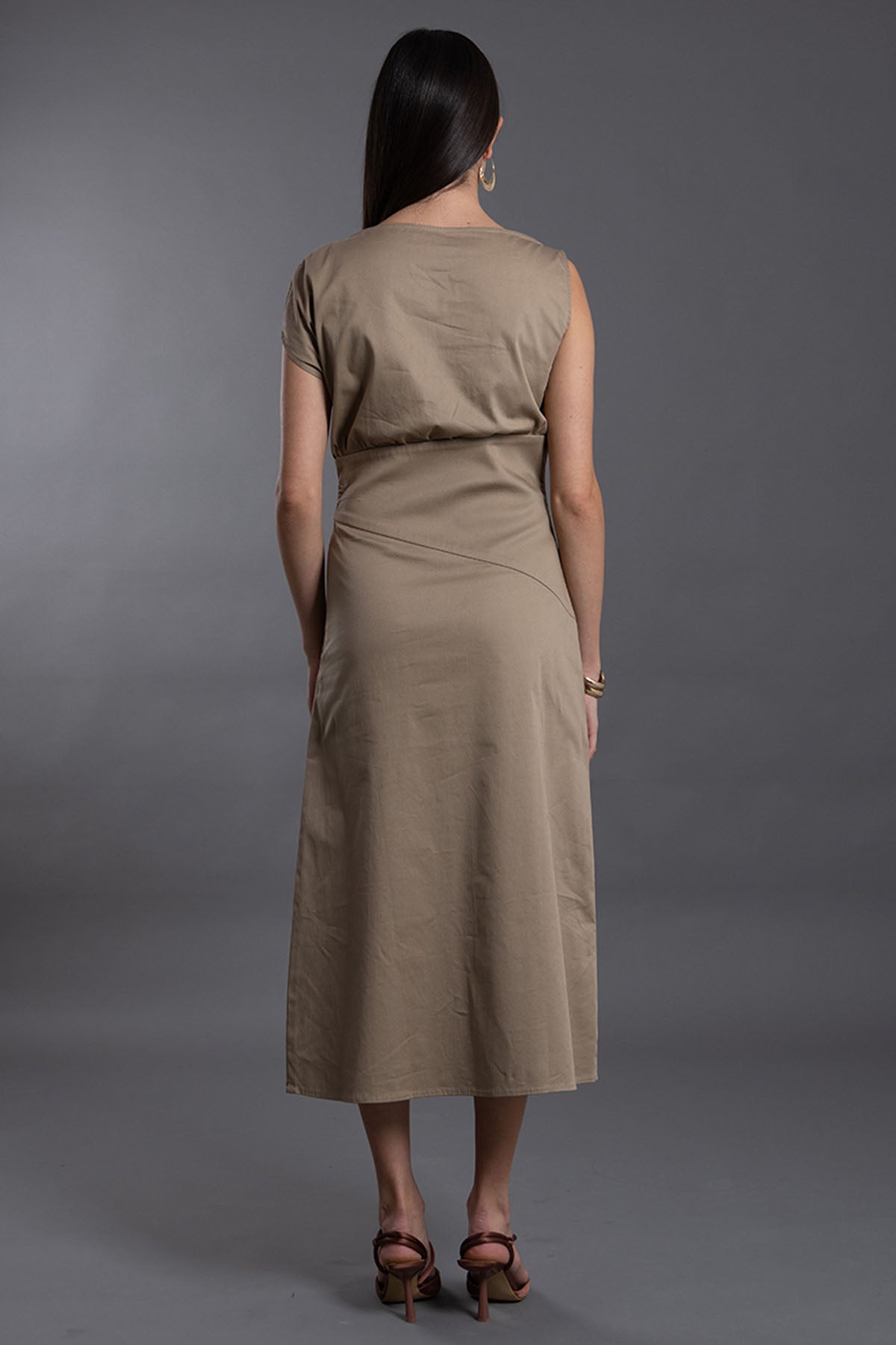 Beige Cotton Twill Midi Dress