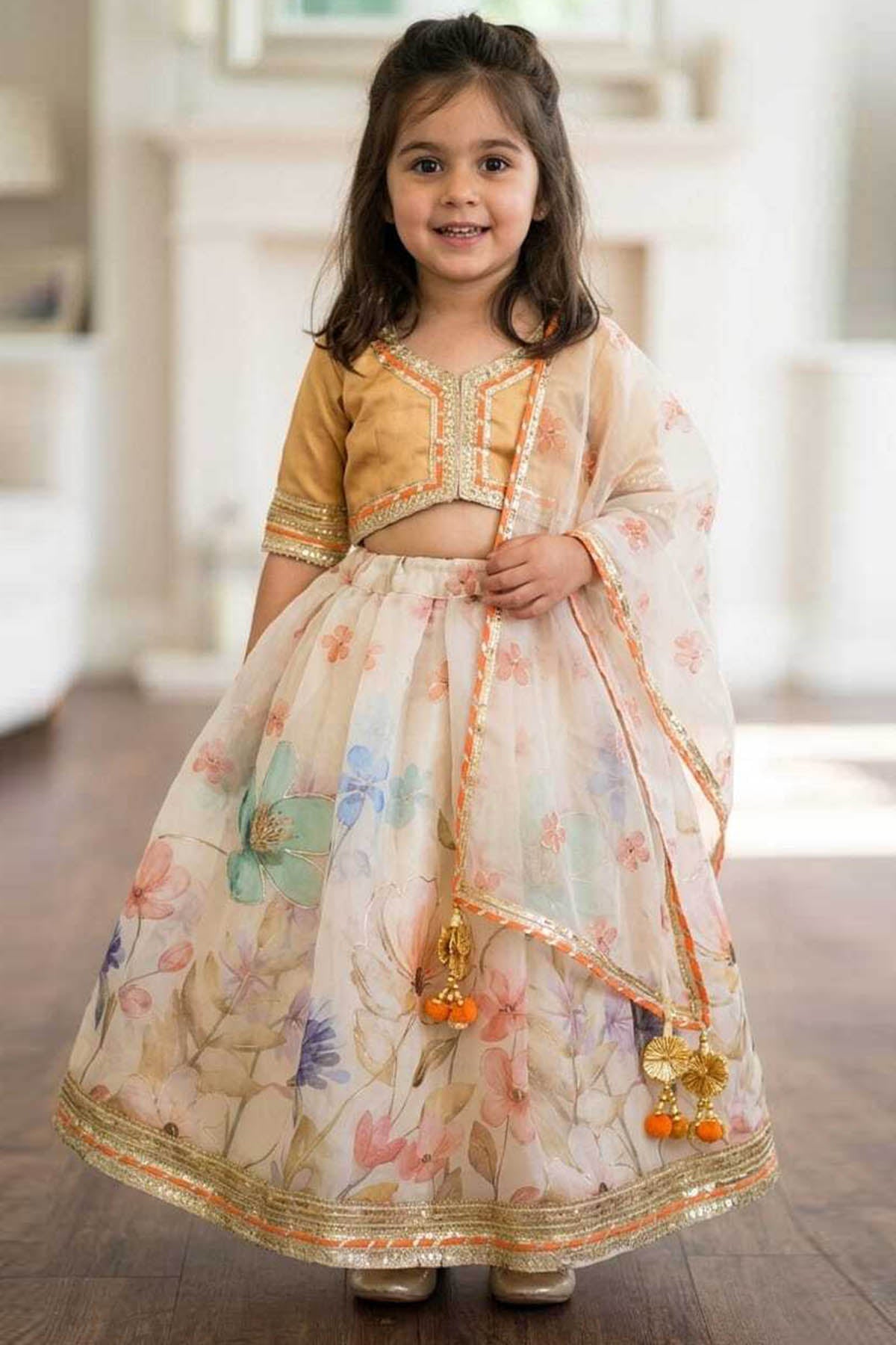 Buy Beige Creame Floral Lehenga Set for Kid by ViYa online available at scrollnshops