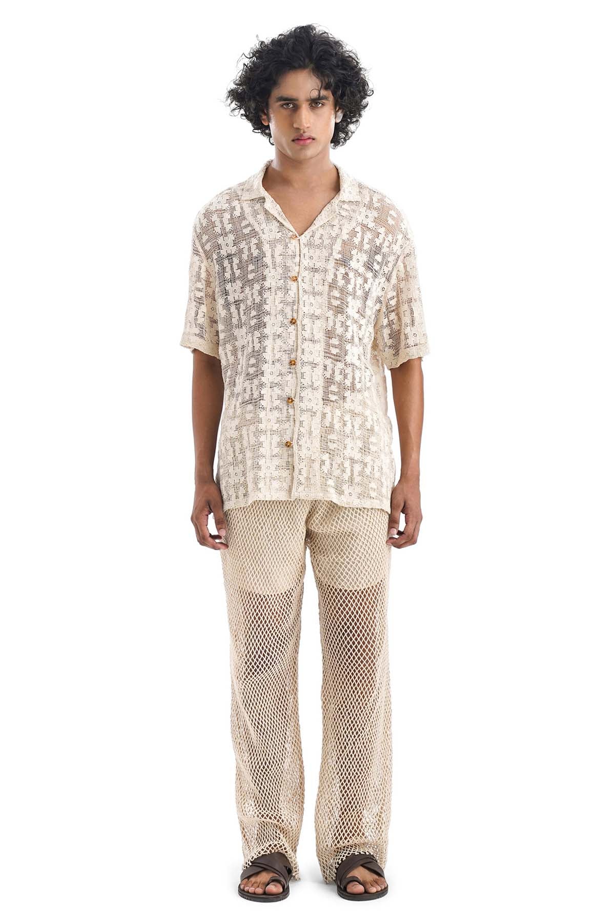 Notre Ame - Men Beige Crochet 100% Cotton Pants for men online at ScrollnShops