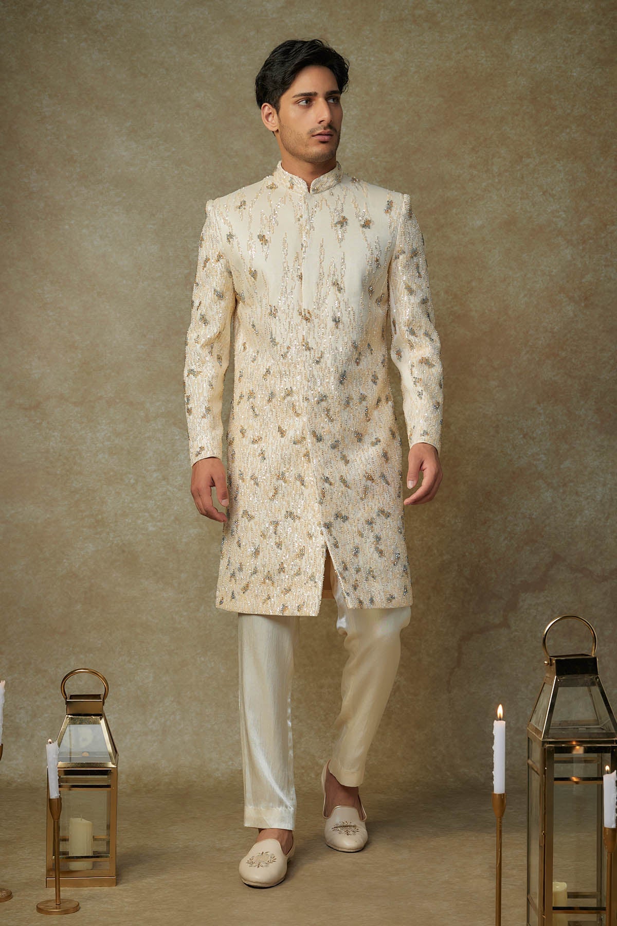 Buy Beige Crystal Work Sherwani Set by Masumi Mewawalla for men online at ScrollnShops