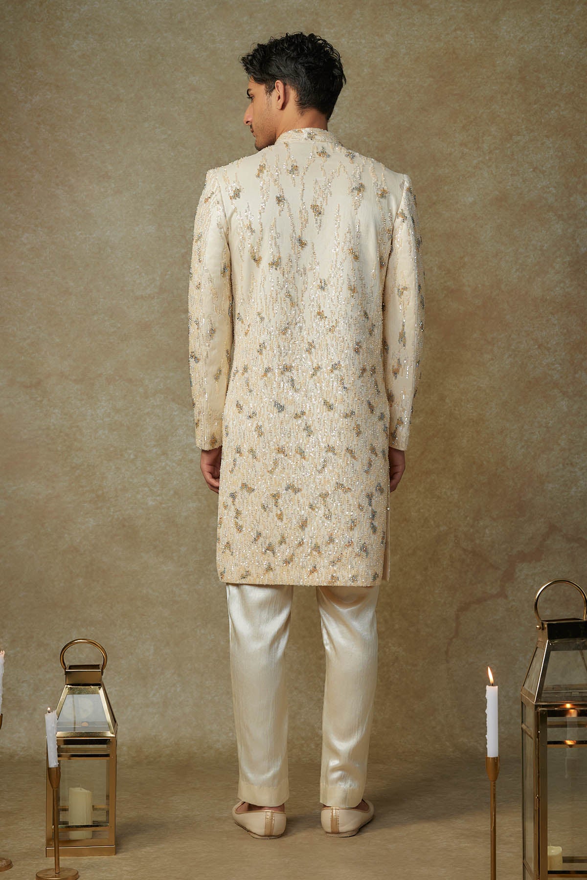 Beige Crystal Work Sherwani Set