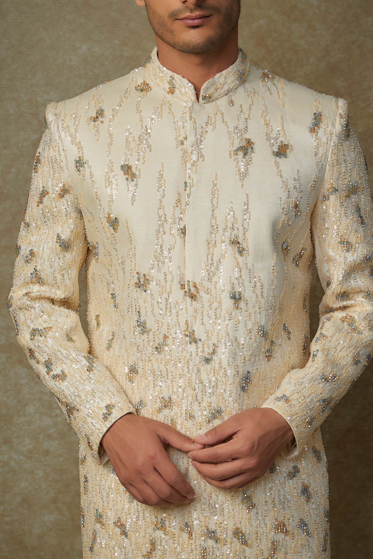 Beige Crystal Work Sherwani Set