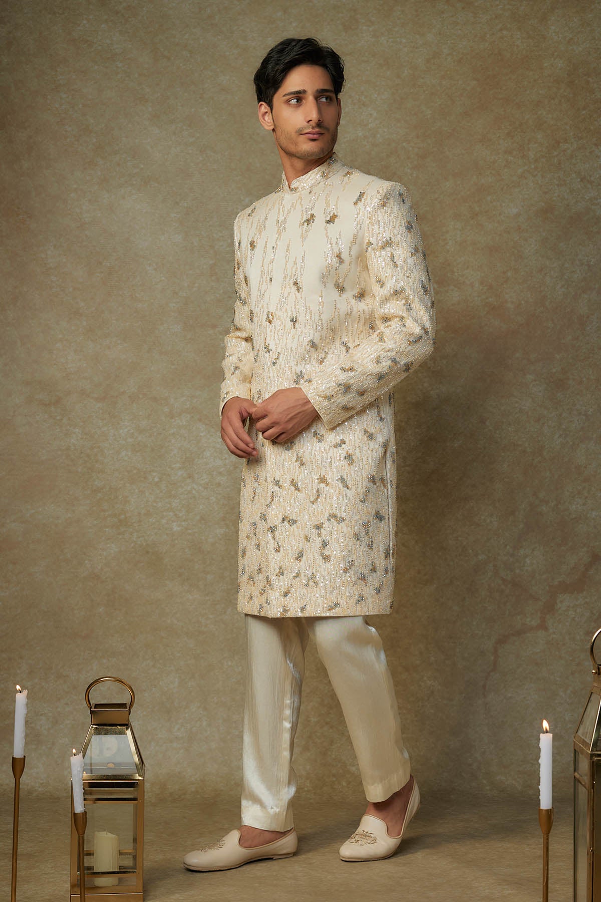 Beige Crystal Work Sherwani Set