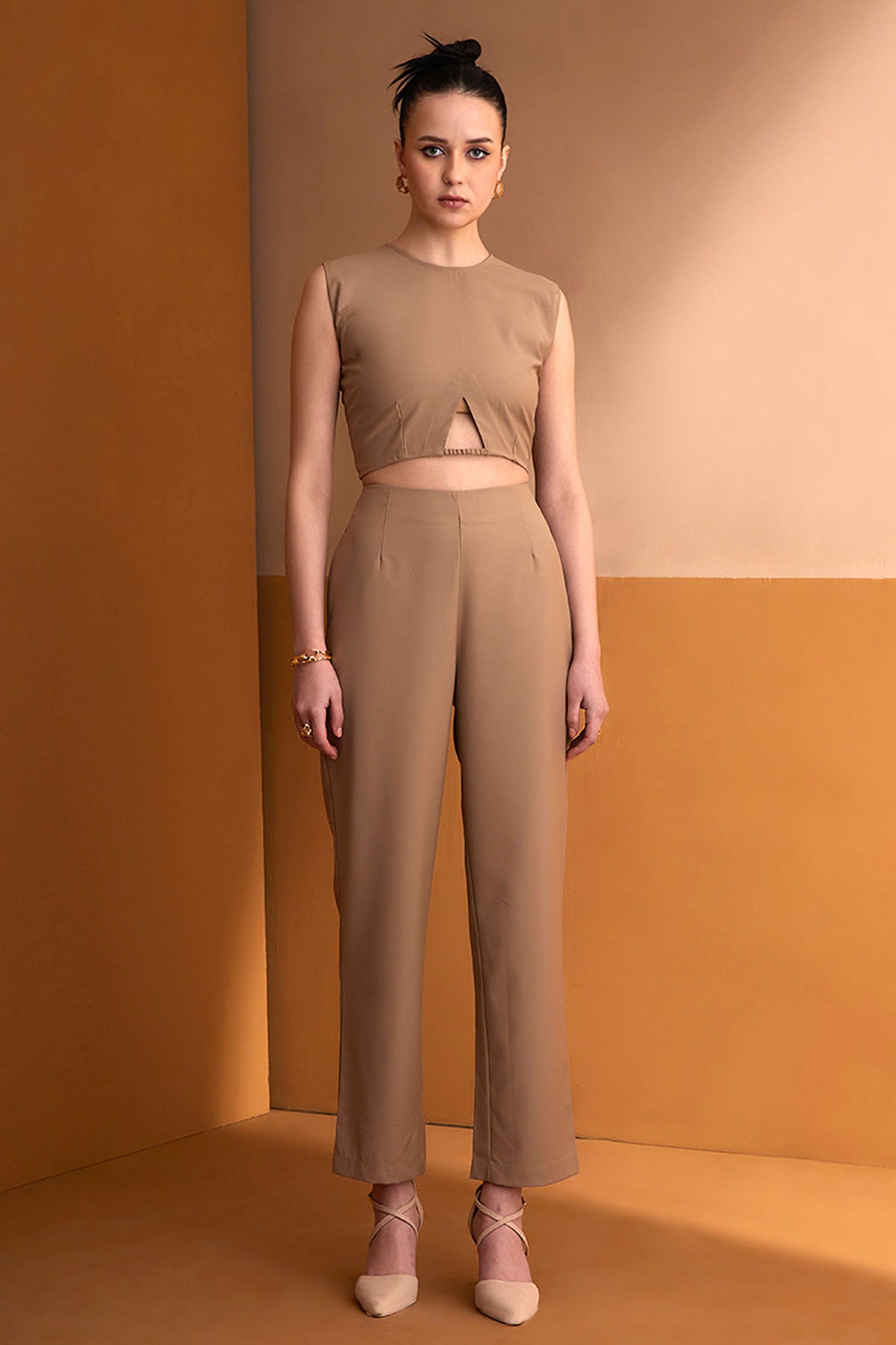Beige Cut-out Crop Top & Pants