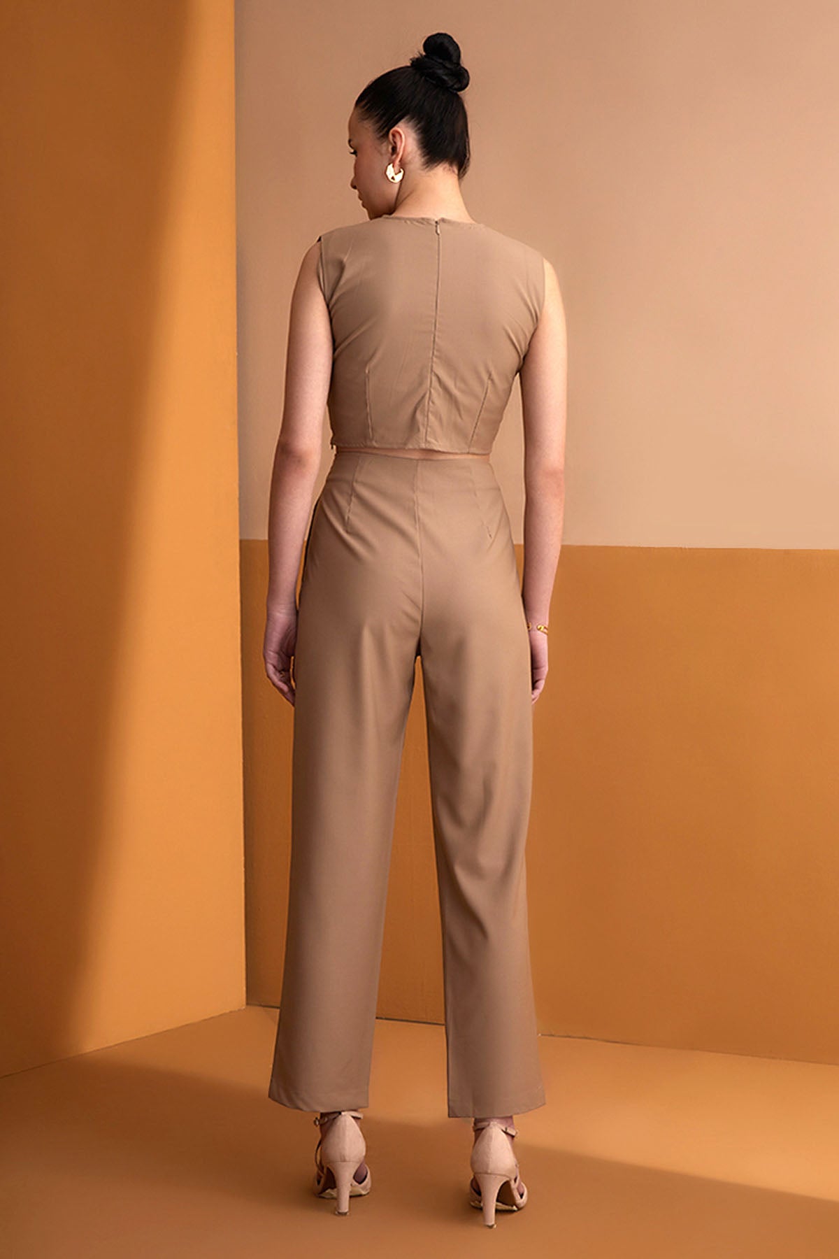 Beige Cut-out Crop Top & Pants