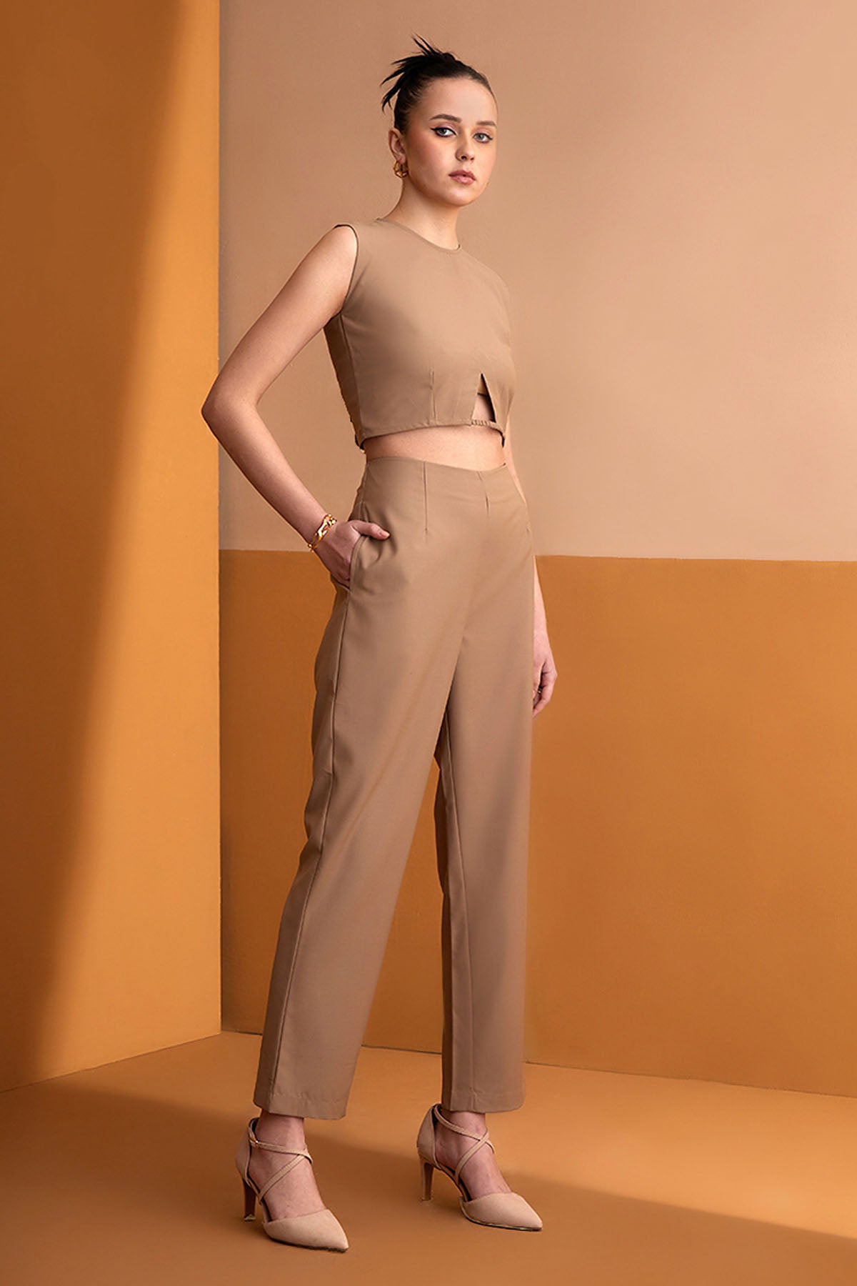Beige Cut-out Crop Top & Pants