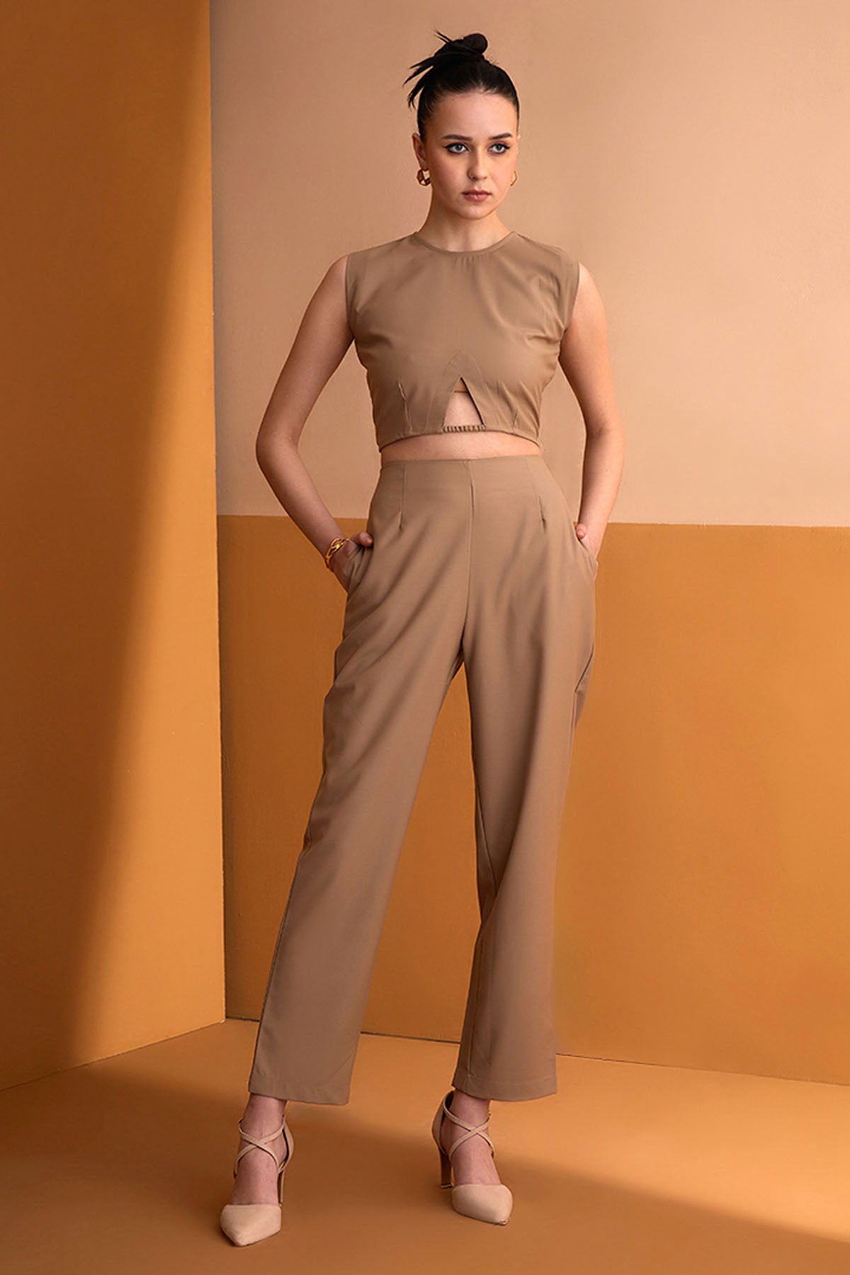 Beige Cut-out Crop Top & Pants