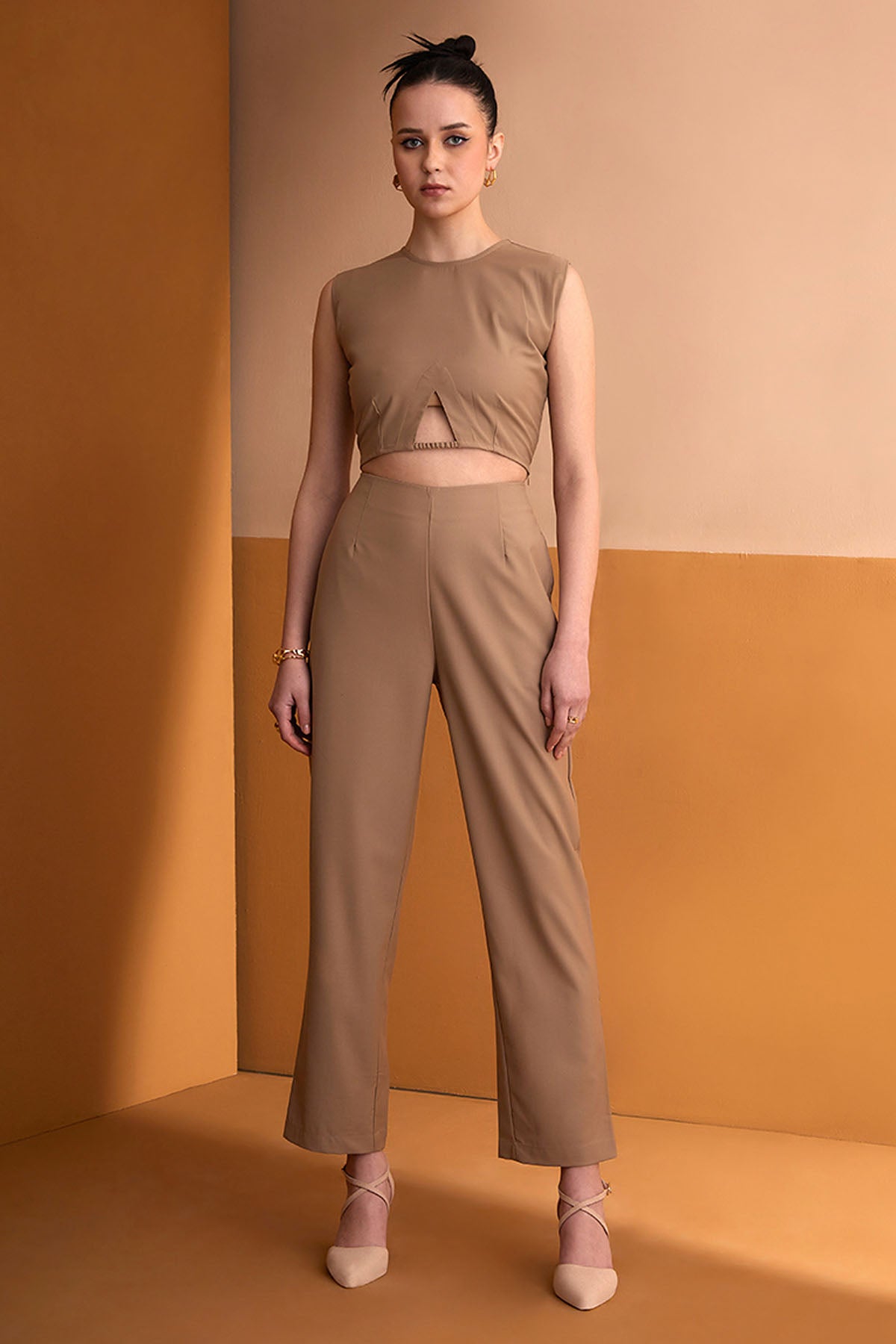 Vanten Beige Cut-out Crop Top & Pants for women online at ScrollnShops