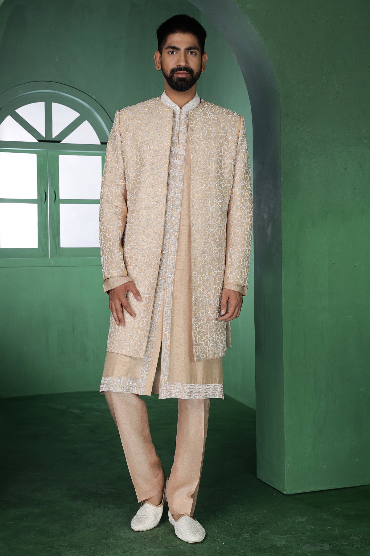 Buy Beige Cutdana Kurta And Pants for Men by Designer Harshita Dhanawat available online at ScrollnShops