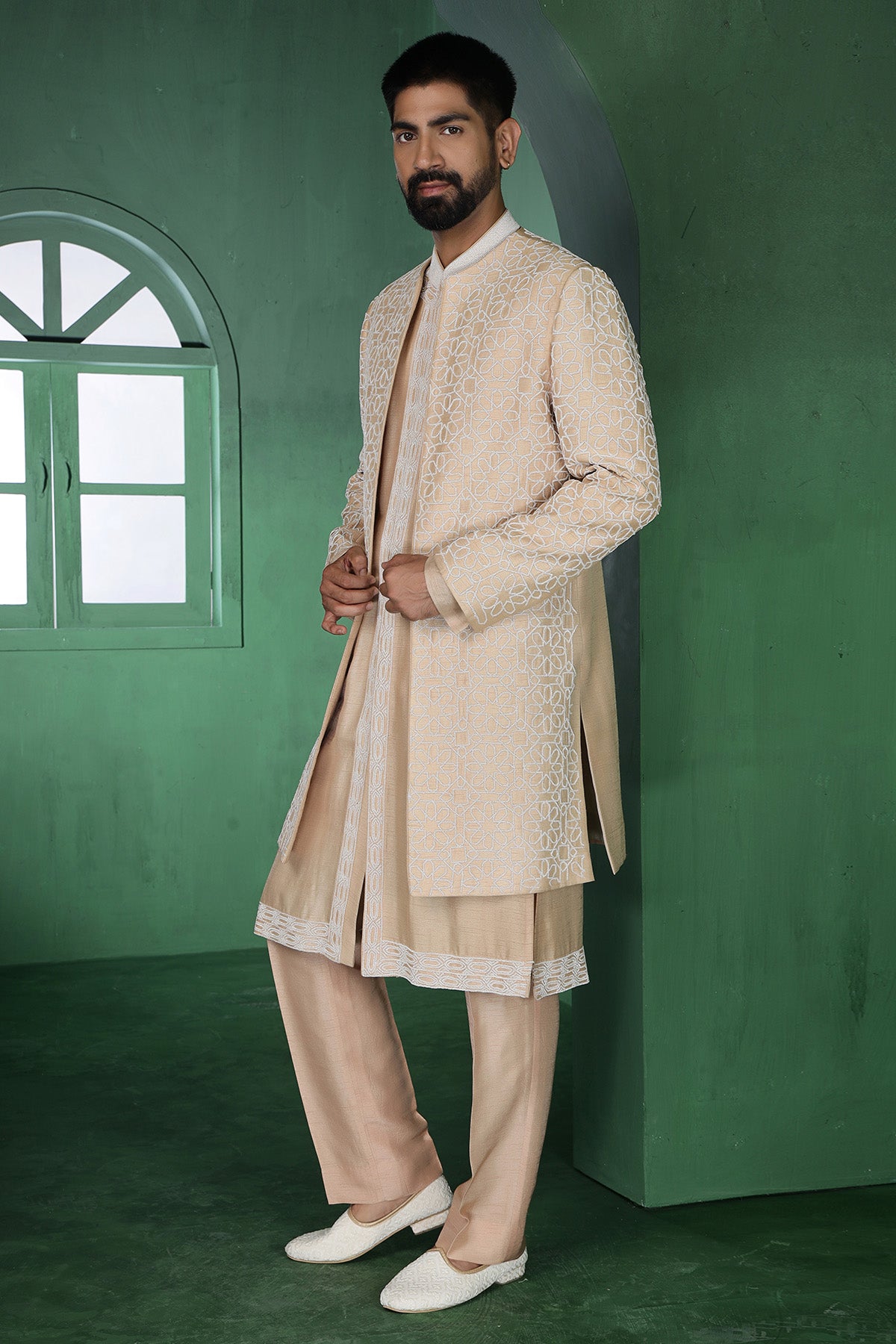 Beige Cutdana Kurta And Pants