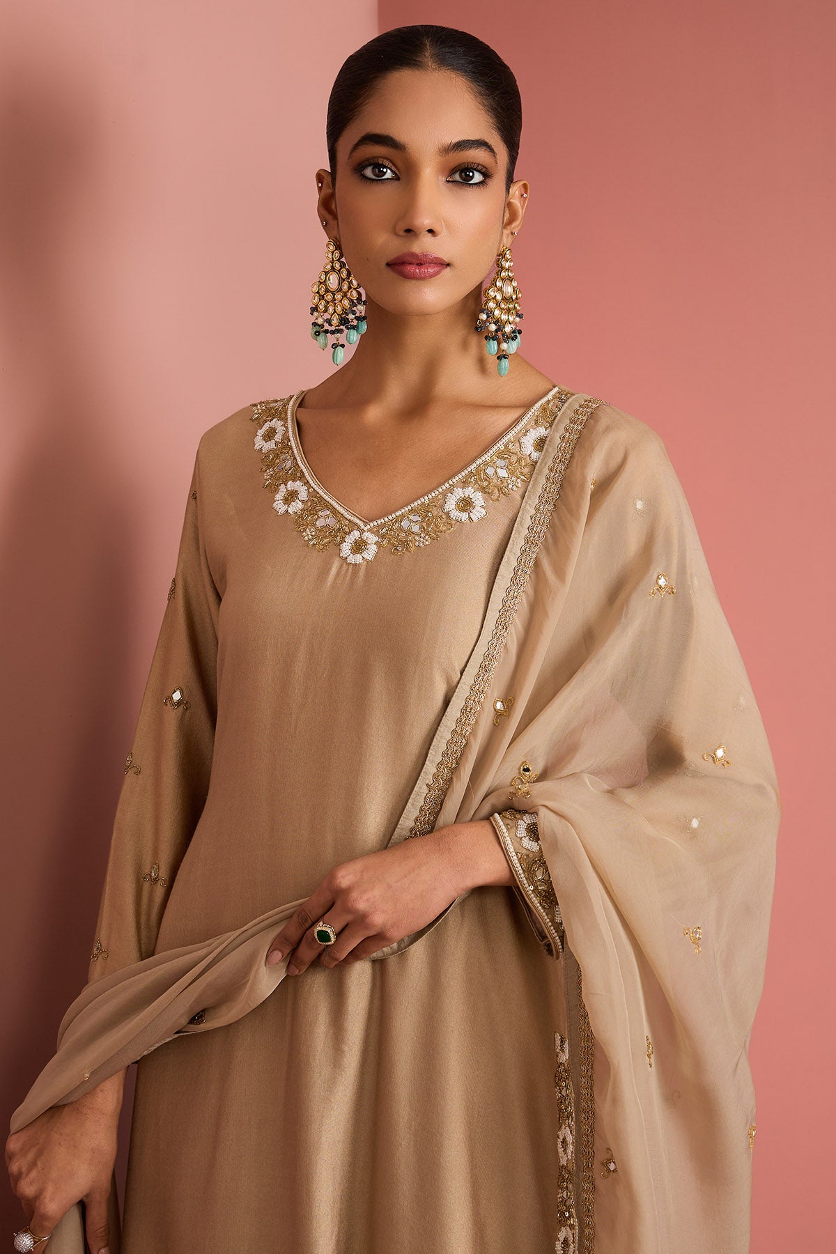 Beige Cutdana & Pearl Kurta Set