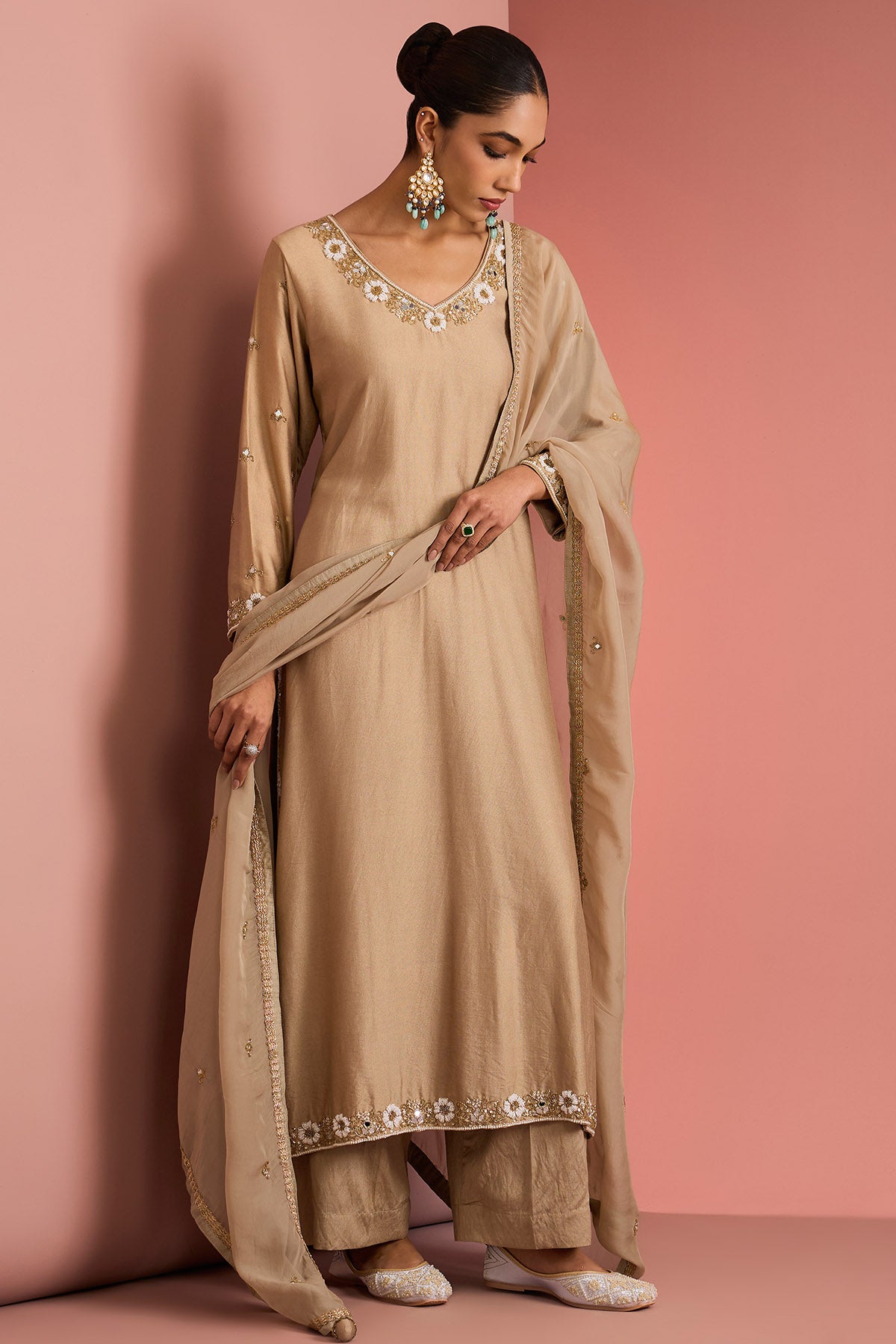 Beige Cutdana & Pearl Kurta Set