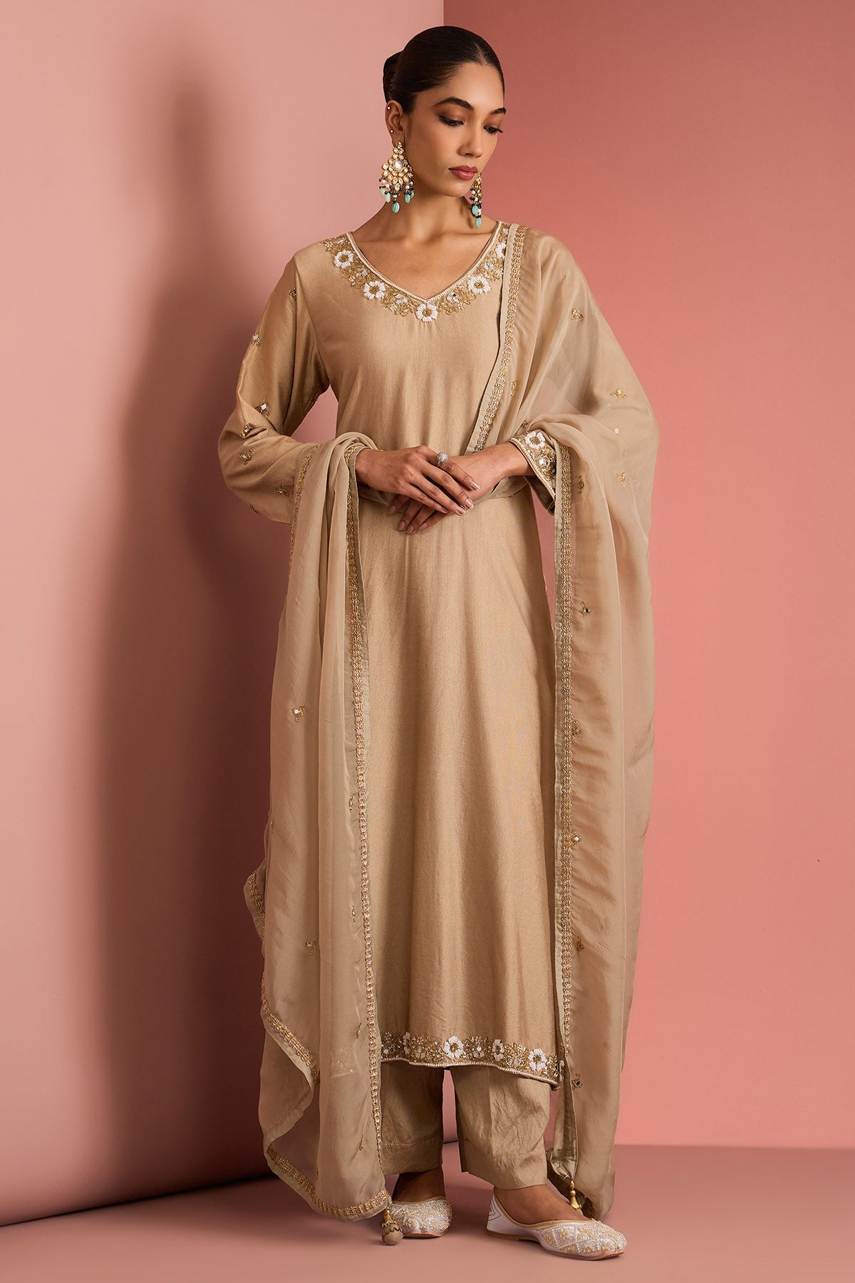 Buy Beige Cutdana & Pearl Kurta Set for women by Milu Madan online available at scrollnshops