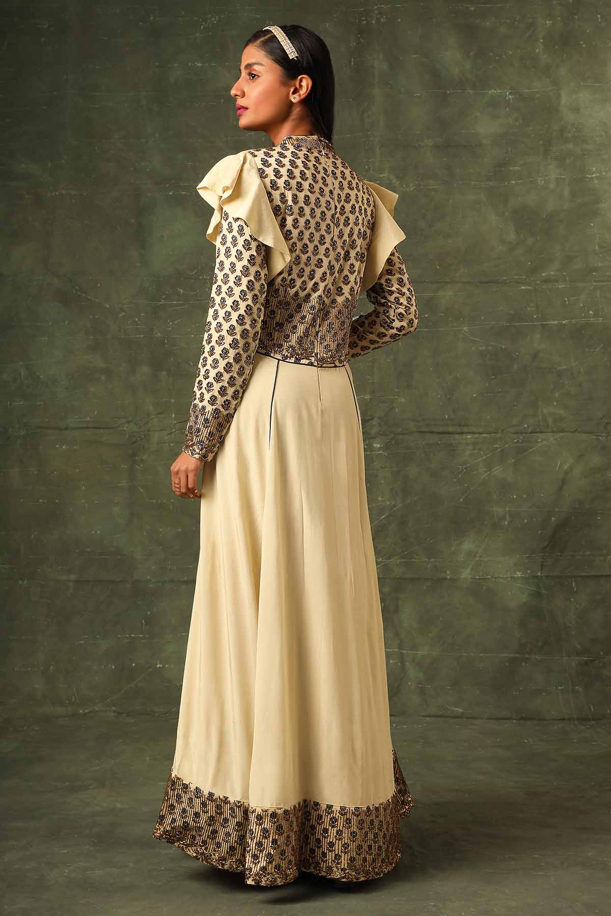 Beige Cutdana Work A-Line Gown