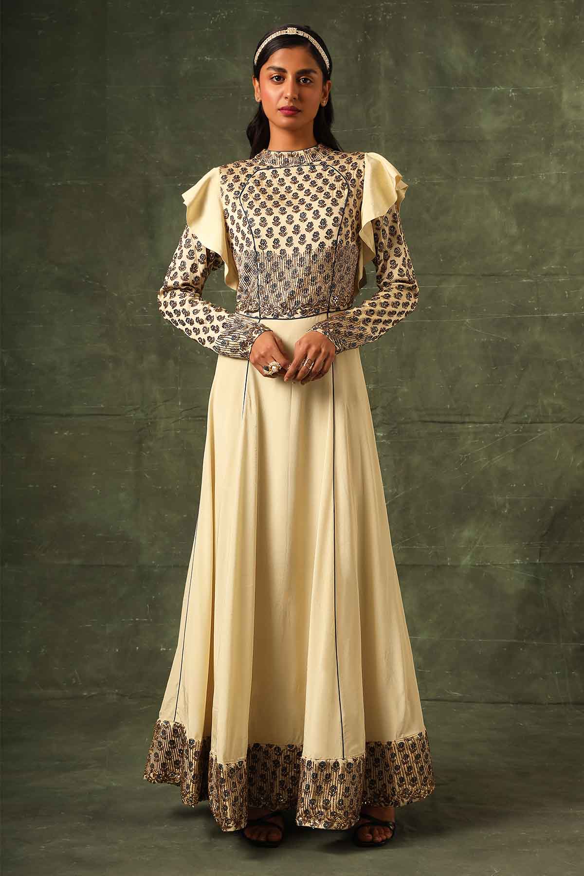 Sejal Kamdar Beige Cutdana Work A-Line Gown for women online at ScrollnShops