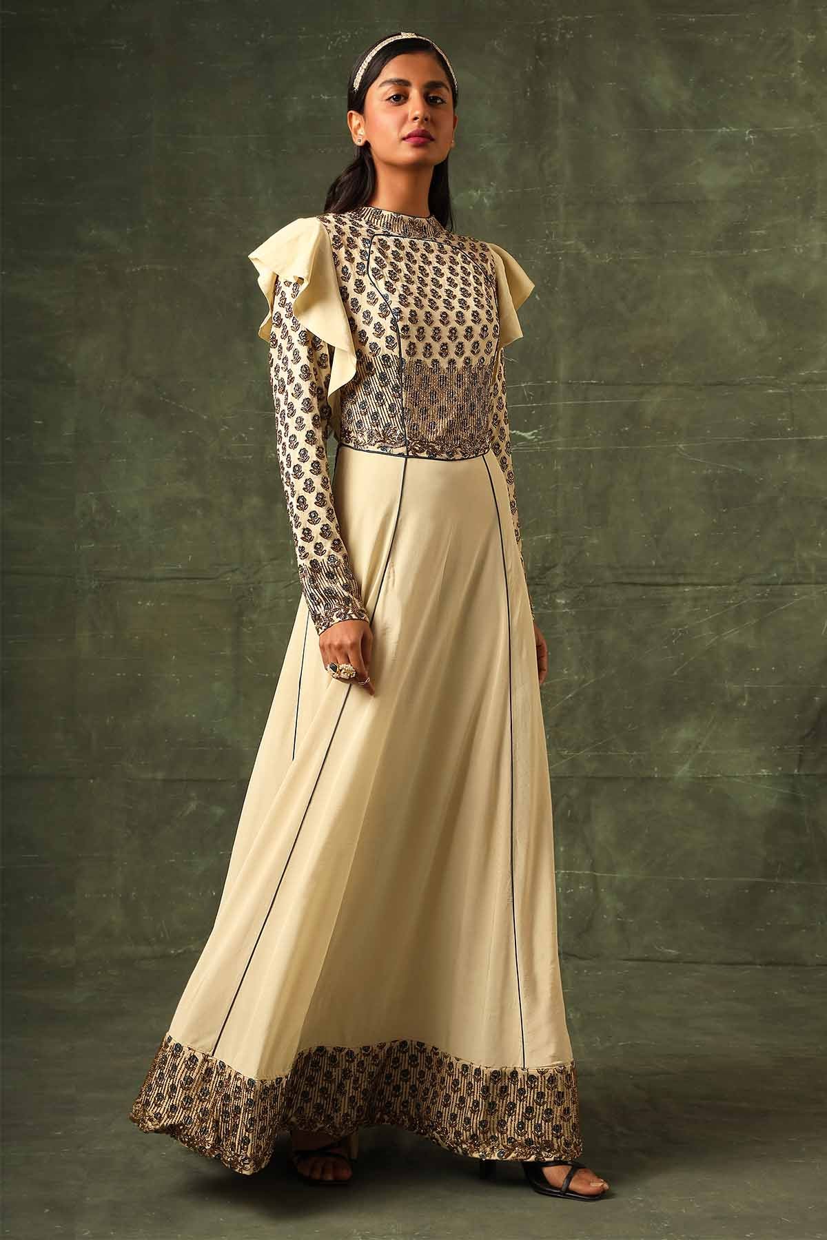 Beige Cutdana Work A-Line Gown