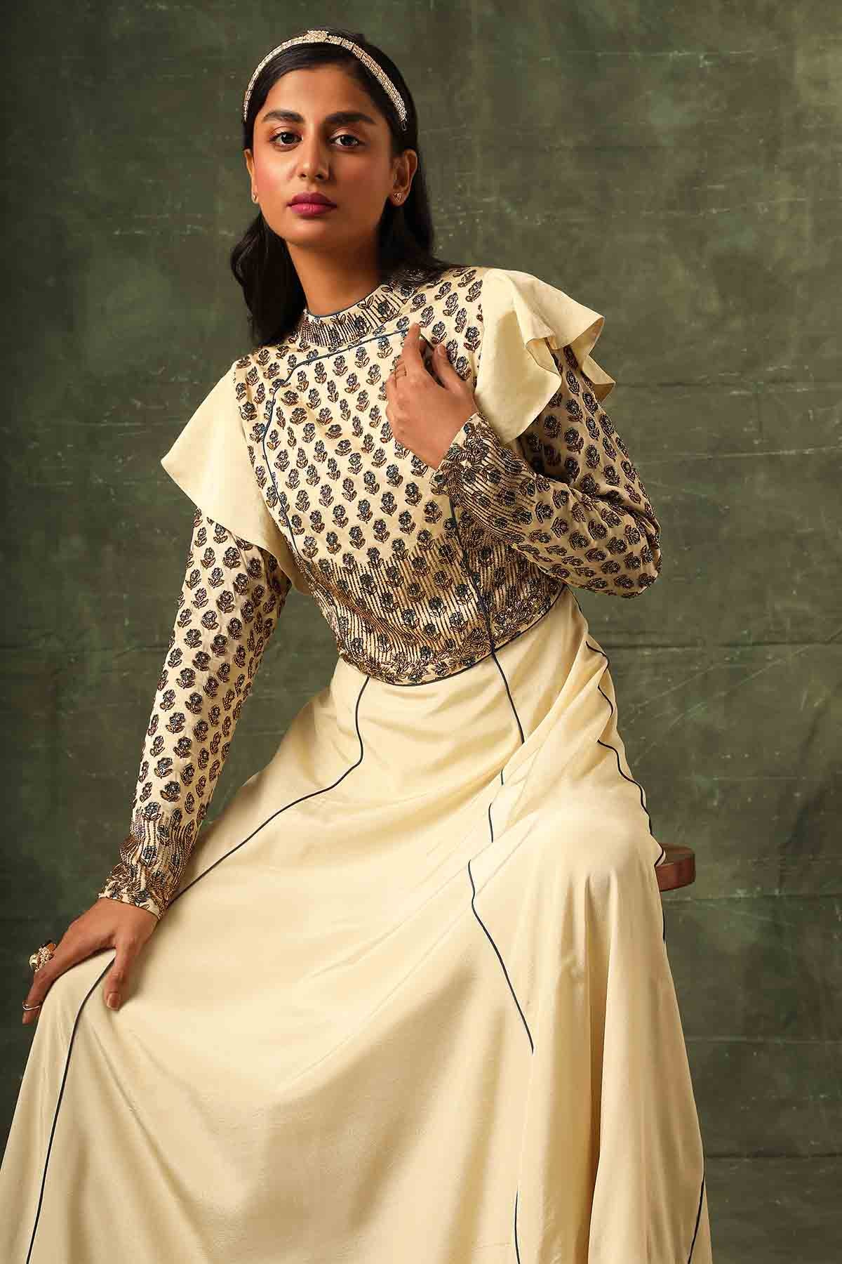 Beige Cutdana Work A-Line Gown