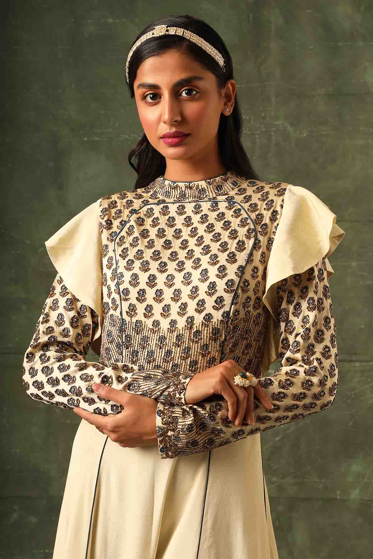 Beige Cutdana Work A-Line Gown