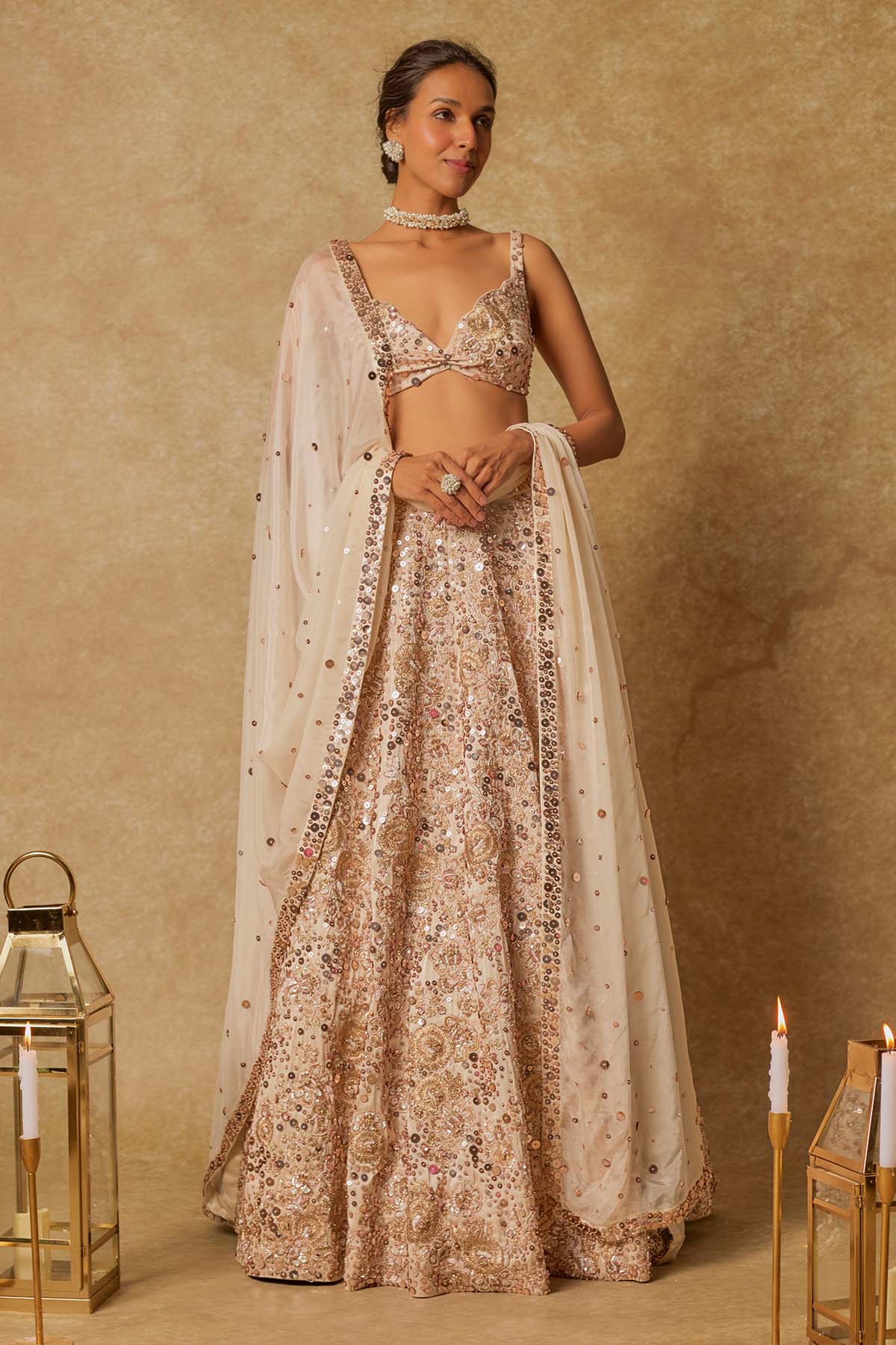 Buy Beige Deep V-Neck Lehenga Set by Masumi Mewawalla for women online at ScrollnShops