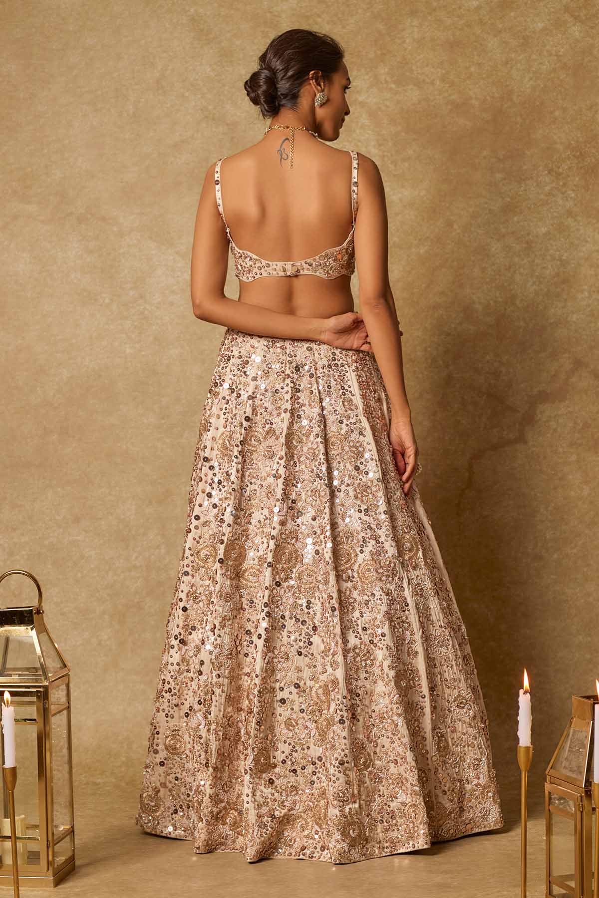 Beige Deep V-Neck Lehenga Set