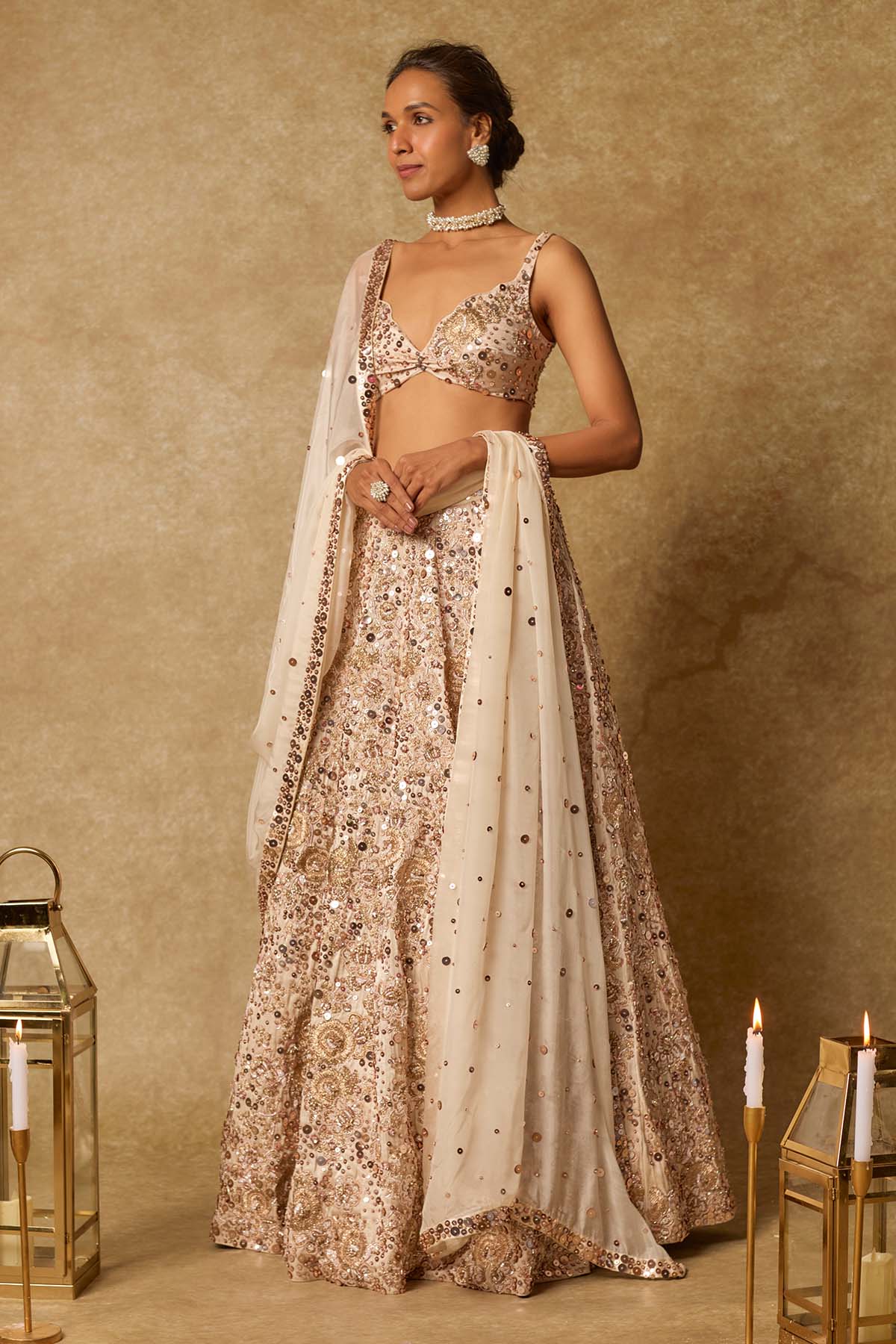 Beige Deep V-Neck Lehenga Set