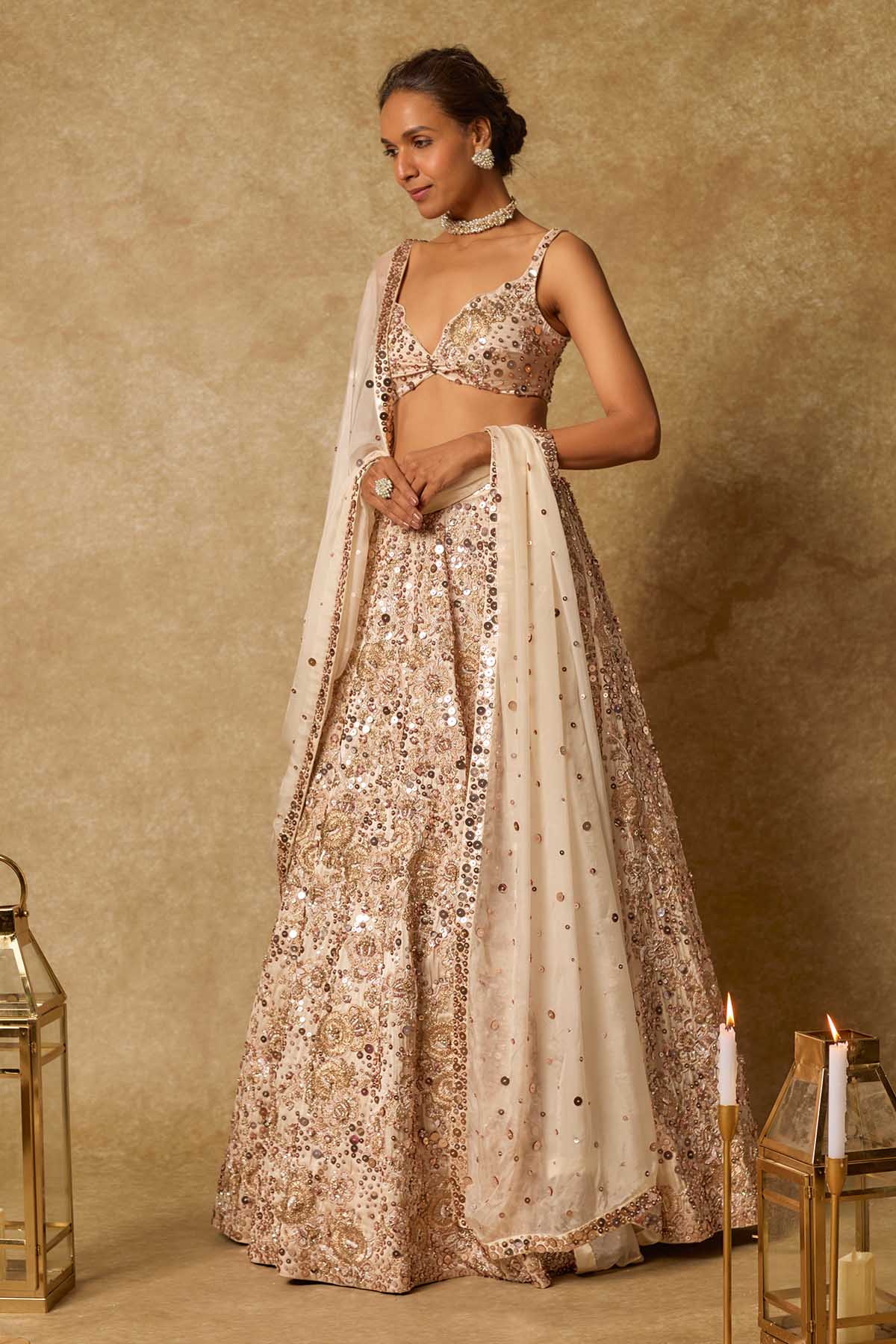 Beige Deep V-Neck Lehenga Set