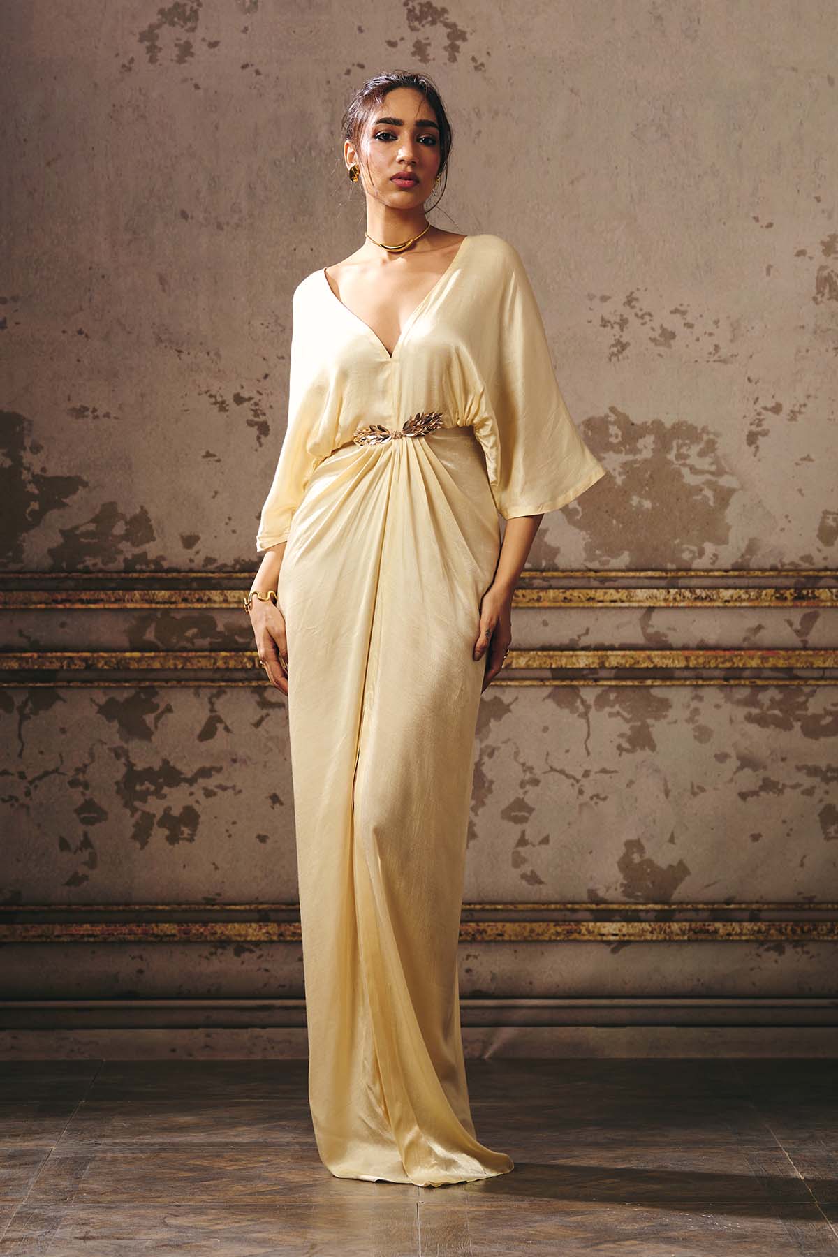 Beige Deep V-Neck Slit Kaftan