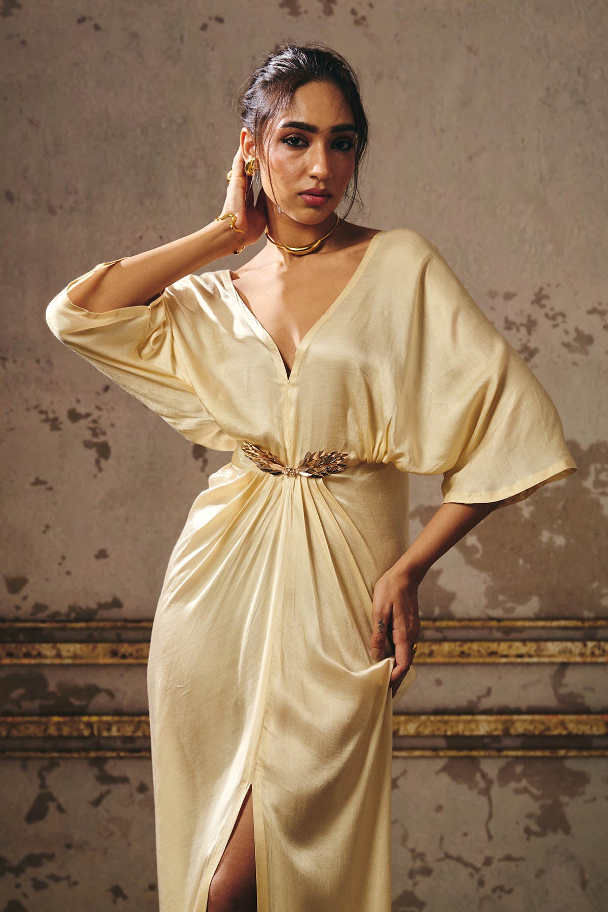Beige Deep V-Neck Slit Kaftan