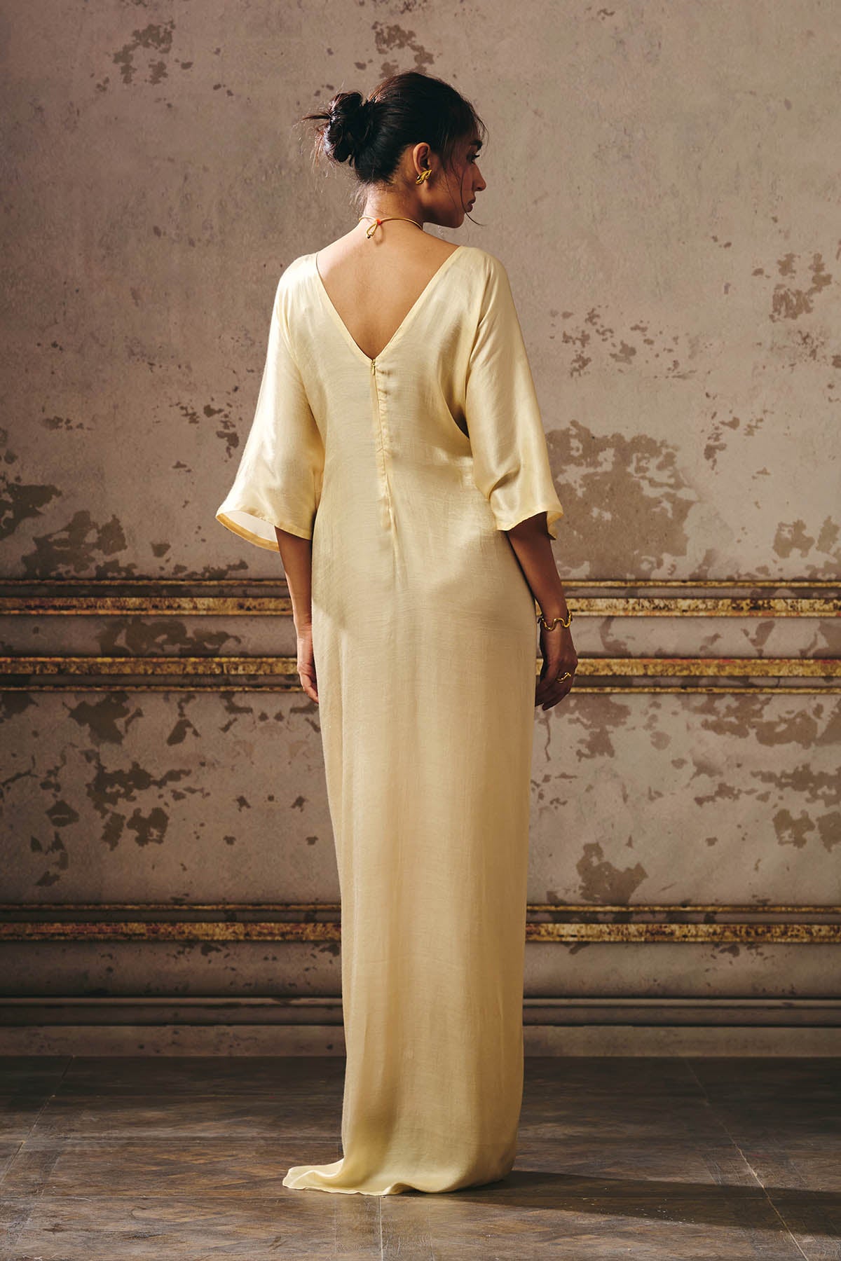 Beige Deep V-Neck Slit Kaftan