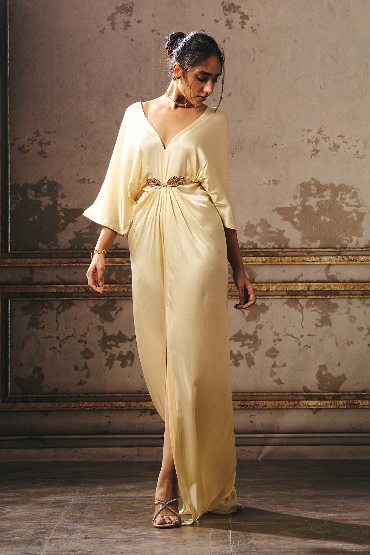 Beige Deep V-Neck Slit Kaftan