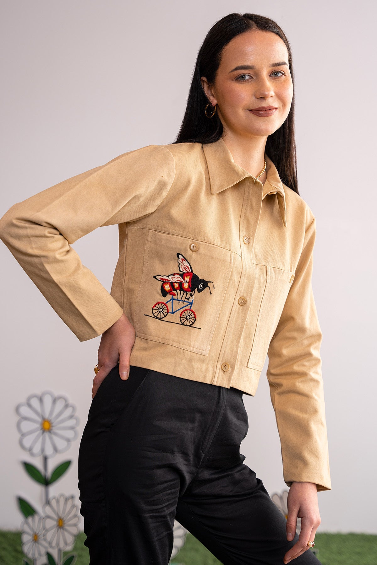 Buy Beige Denim Embroidered Jacket for Women by 97 Motifs Designer online available at scrollnshops