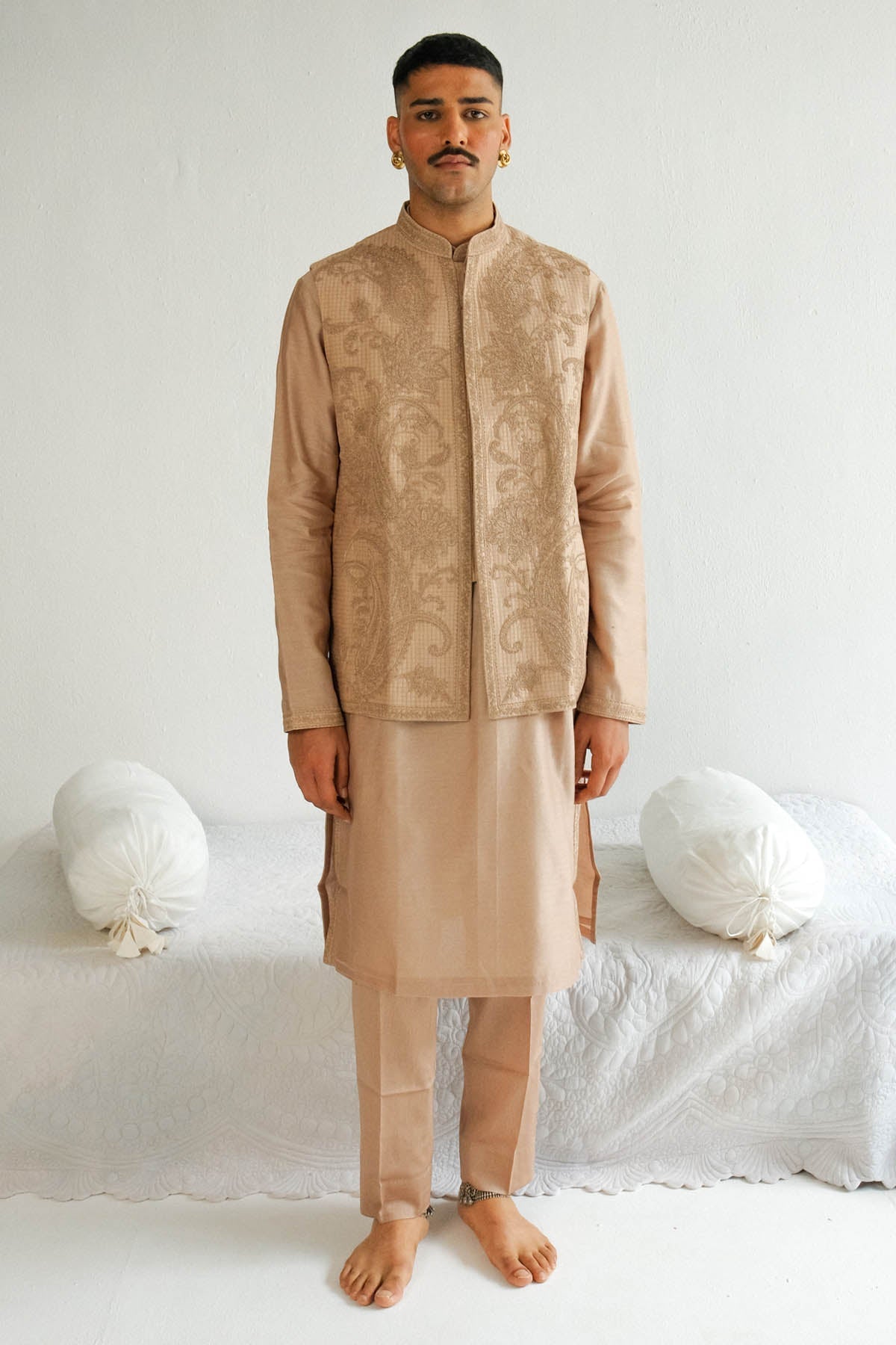 WABI SABI Beige Dori Embroidered Bundi Set for men online at ScrollnShops