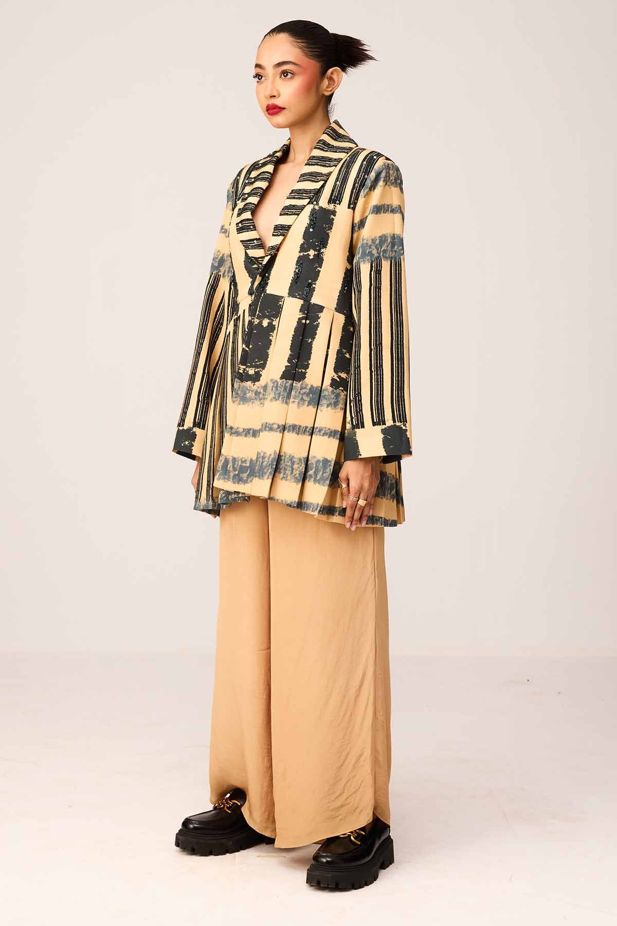 Beige Embellished Blazer Set