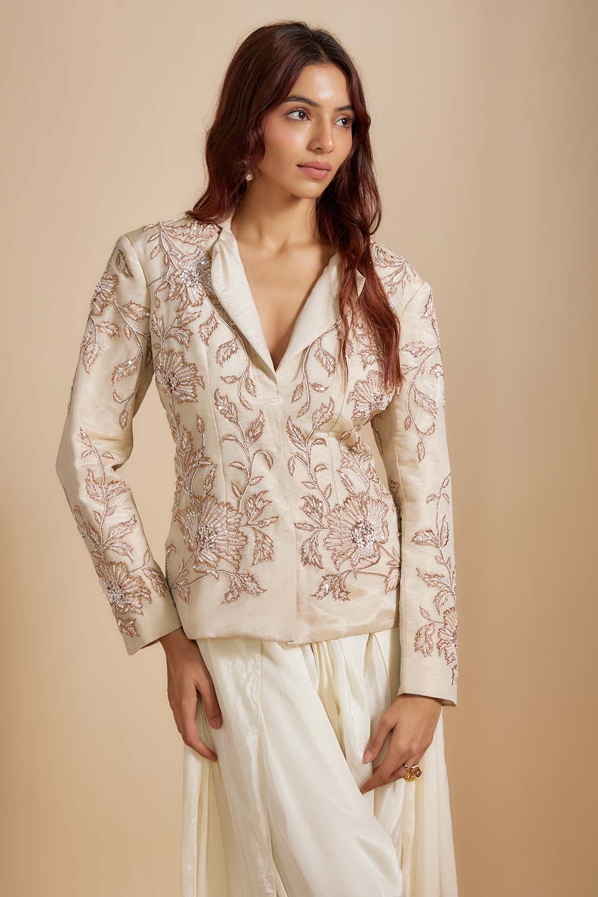 Beige Embellished Jacket & Dhoti