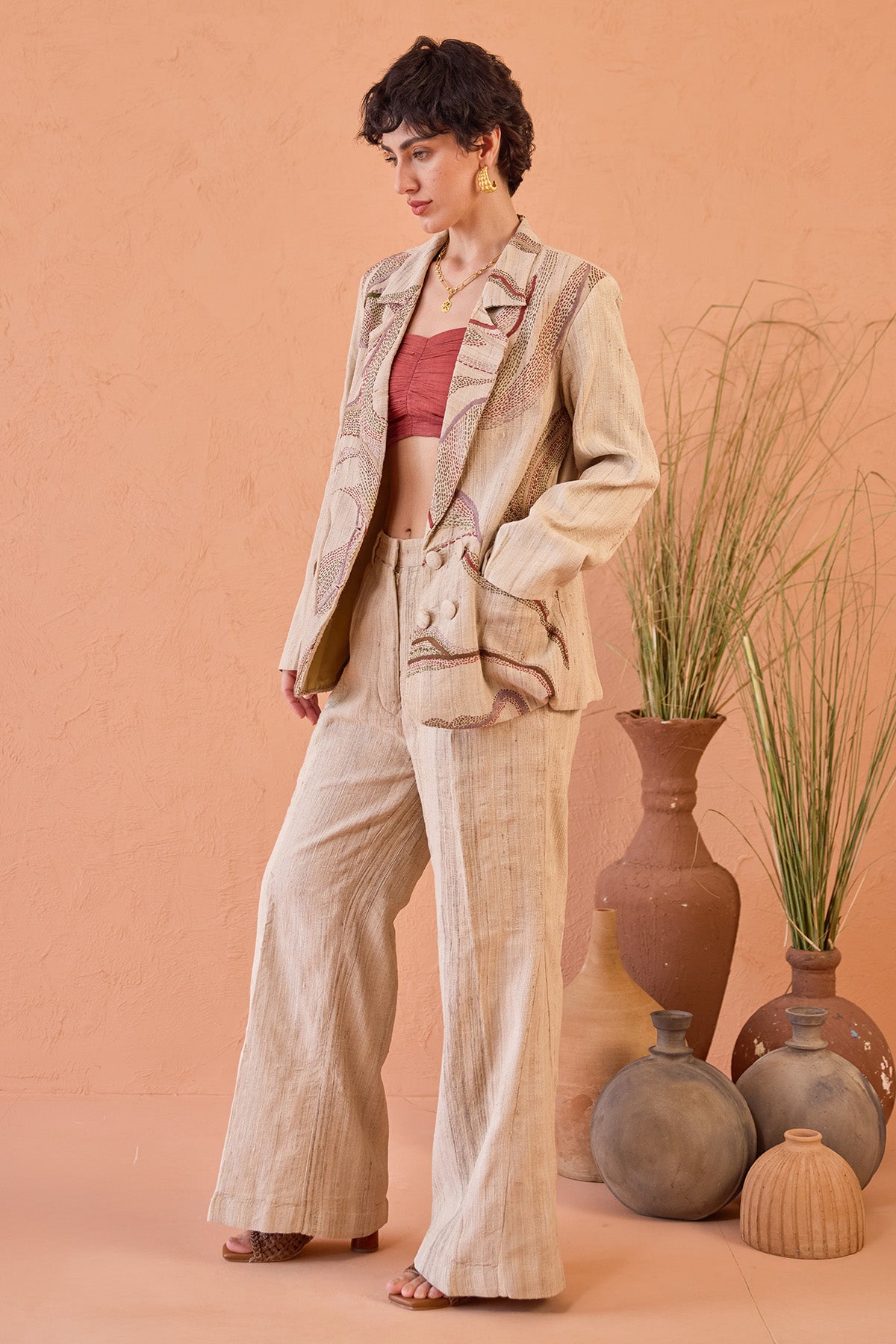 Beige Embroidered Co-ord Set