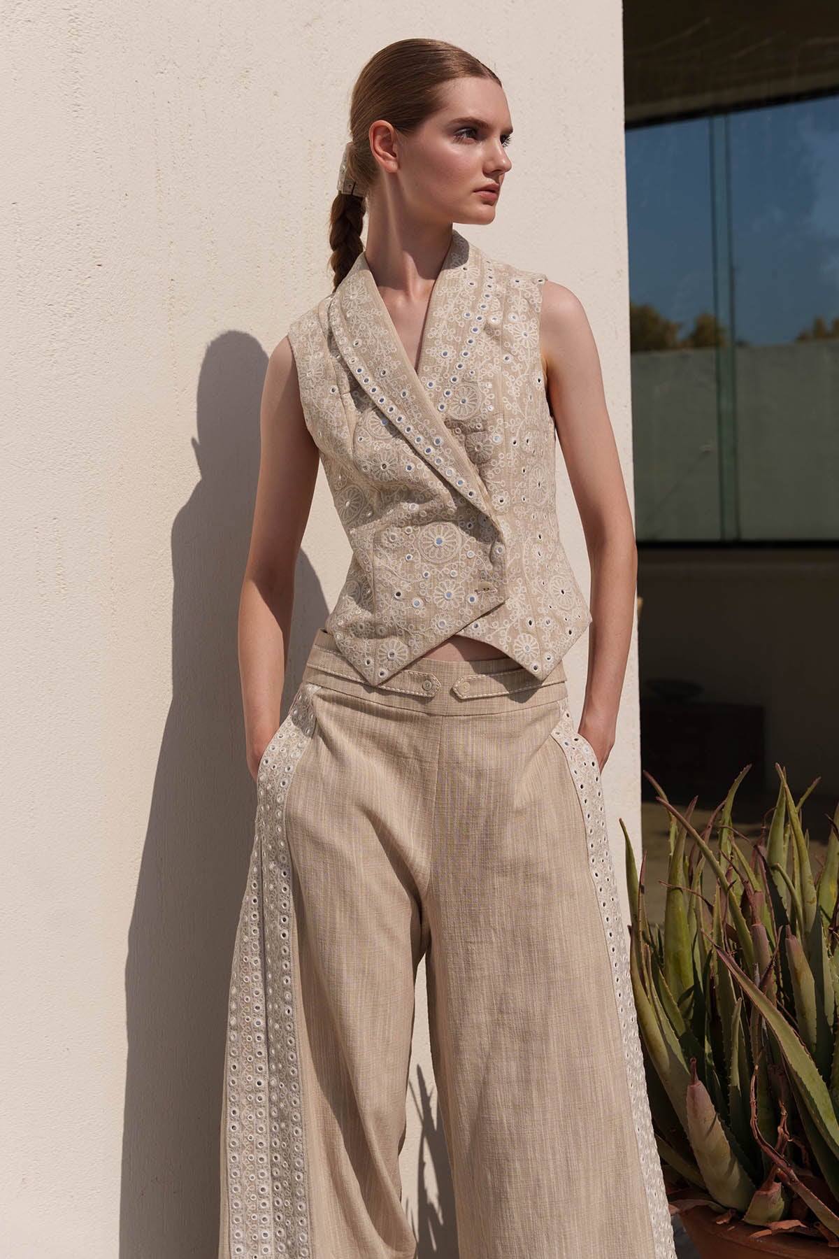 Beige Embroidered Coat & Pants