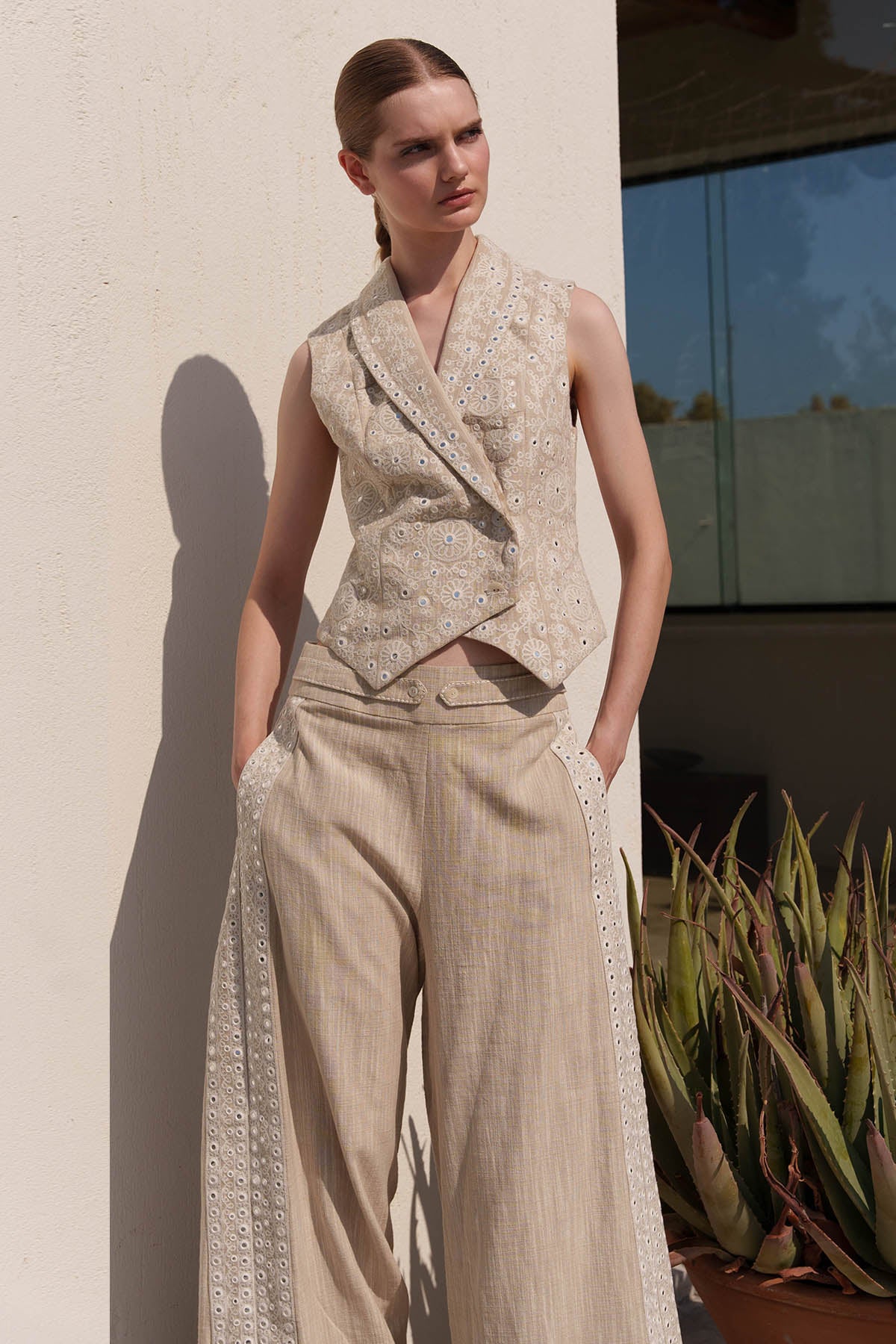 Beige Embroidered Coat & Pants